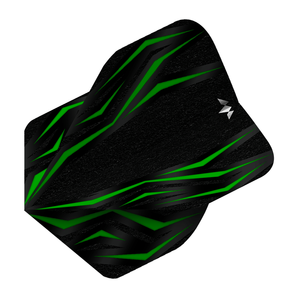 Standardní lety Mission Lava Green č. 2 Das Bild zeigt das Produkt „Mission Lava Green No2 Standard Flights“. Es ist ein schwarzes Dart-Flight mit grünen, lavamusterartigen Linien.