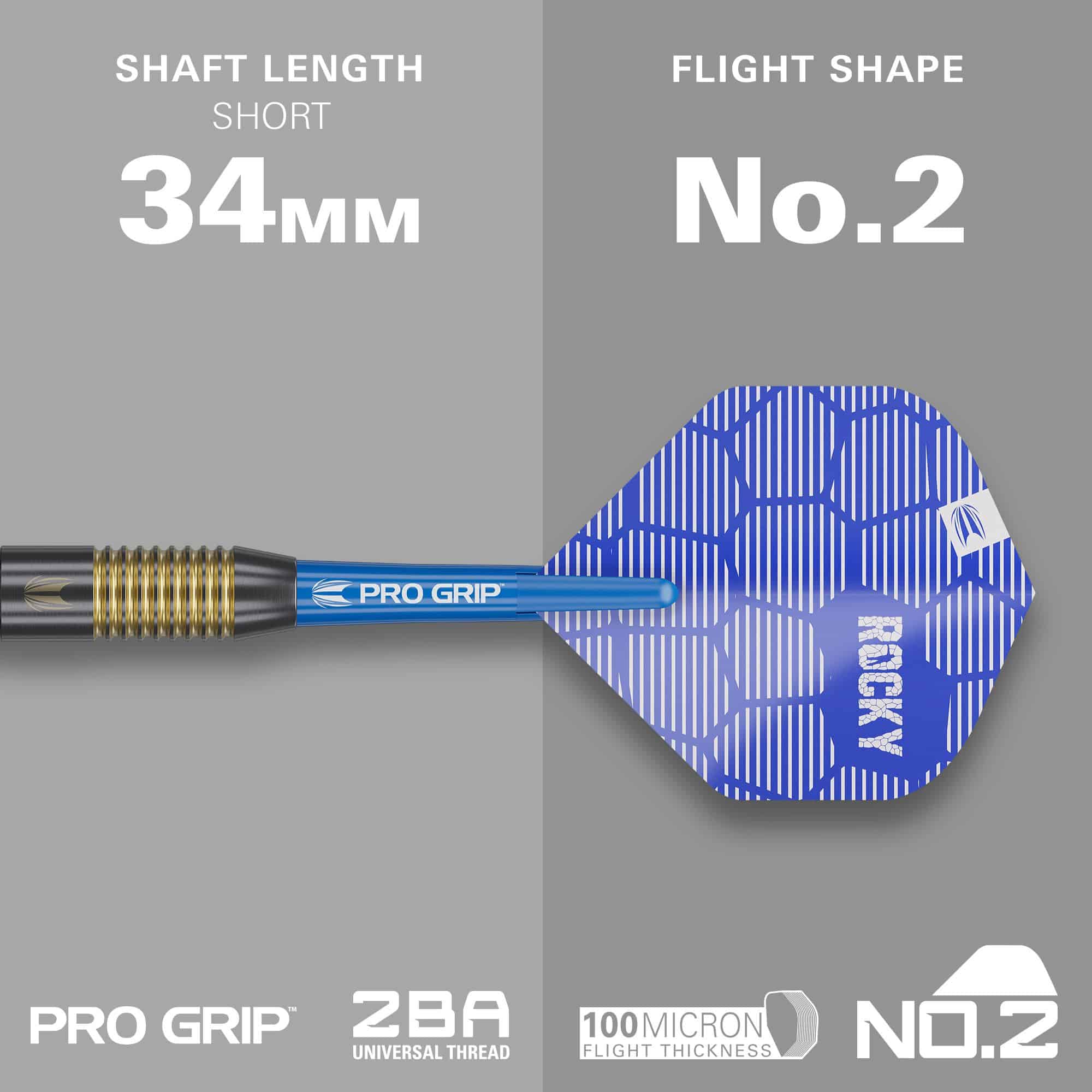 Šipky Target Josh Rock Brass měkké - 18g Das Bild zeigt den Target Josh Rock Brass Softdart mit einem Gewicht von 18g. Der Dart hat eine kurze Schaftlänge von 34 mm und eine Flight-Form Nummer 2.