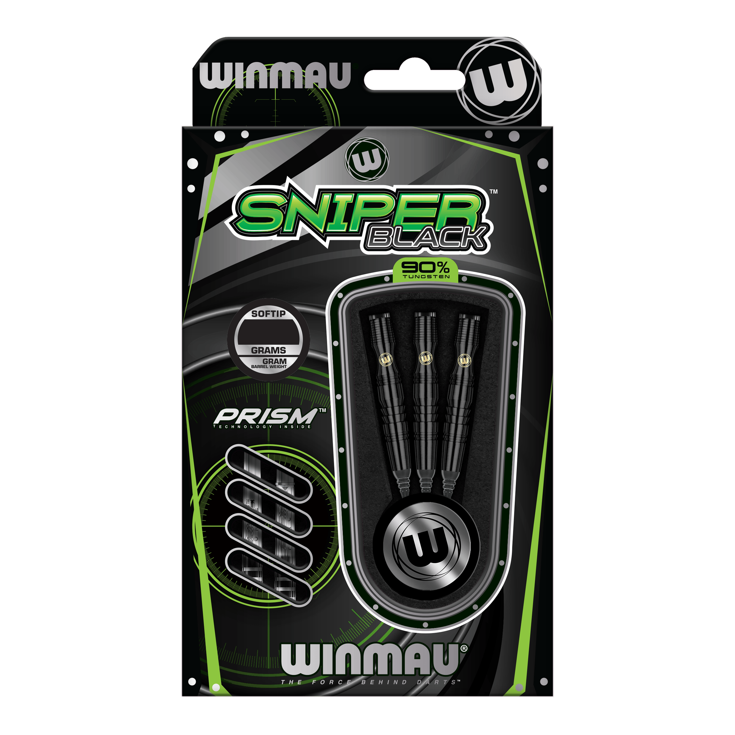 Měkké šipky Winmau Sniper Black - 20g Die Abbildung zeigt die Winmau Sniper Black Softdarts mit einem Gewicht von 20g. Die Verpackung enthält drei schwarze Softdarts aus 90% Tungsten.