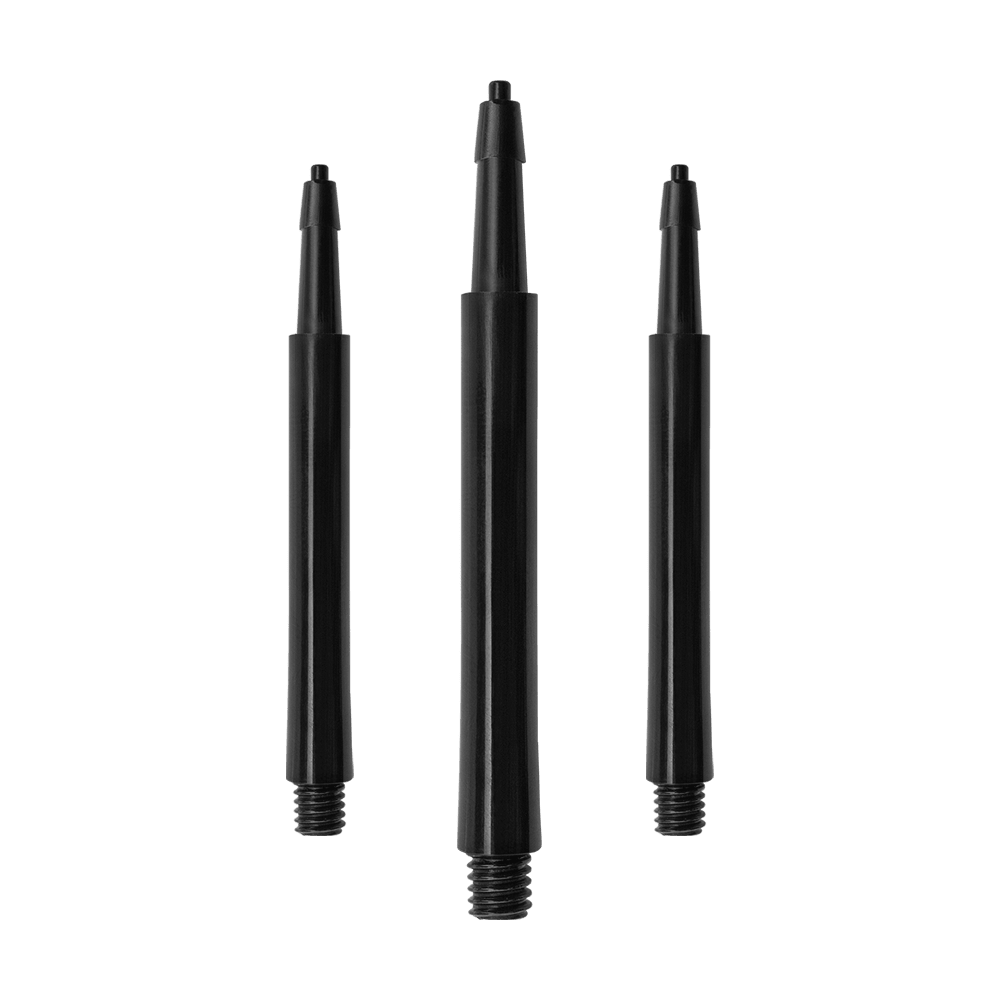 HRC12619_Harrows_Clic_Standard_Shafts_Schwarz_37mm_1 Das Bild zeigt drei schwarze Harrows Clic Standard Shafts für Darts. Sie sind aus Kunststoff und haben am unteren Ende ein Schraubgewinde.