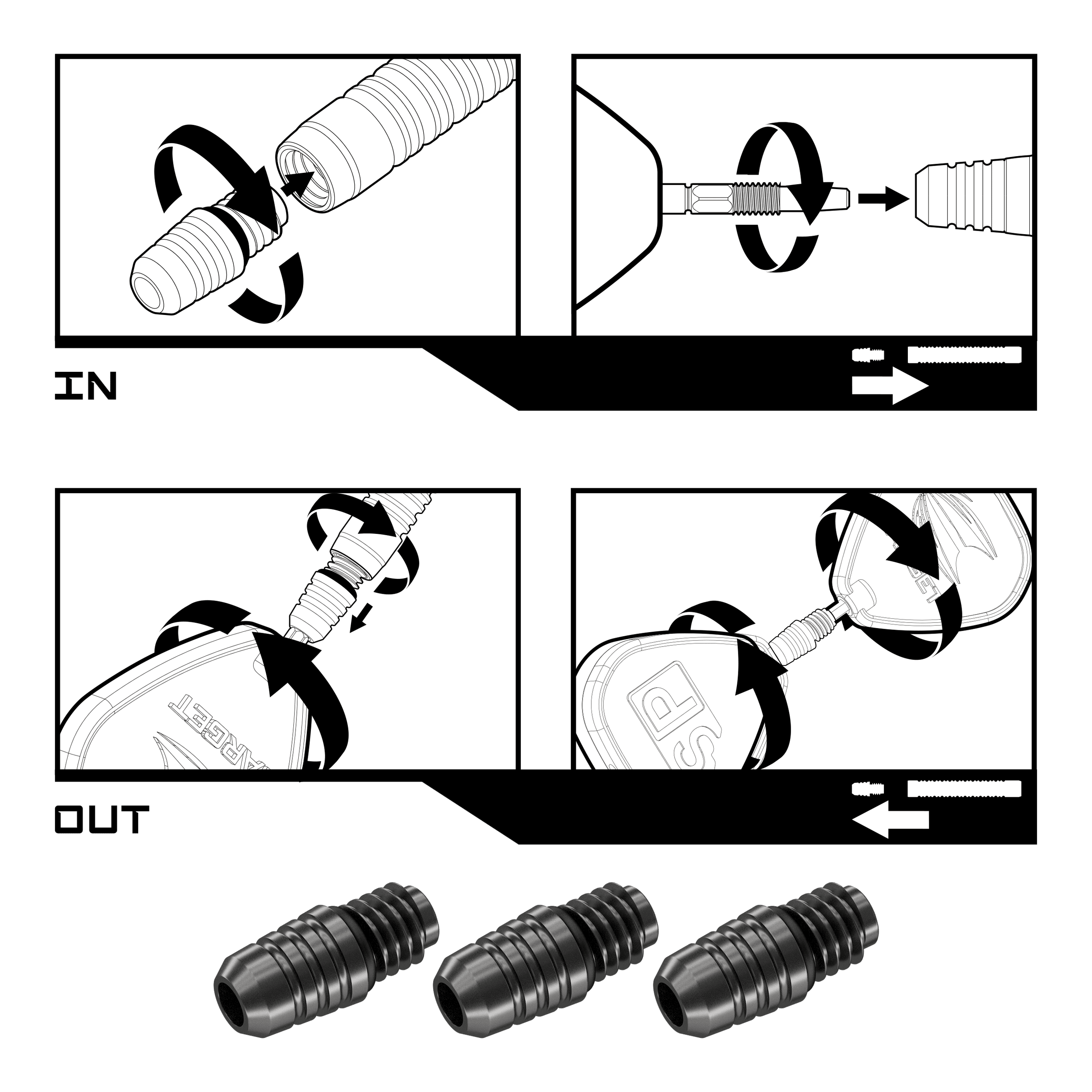 Convertisseur Target Swiss Point 2BA - Noir Das Bild zeigt die Montage- und Demontageanleitung für den Target Swiss Point 2BA Converter - Schwarz. Unten im Bild sind drei der schwarzen Converter abgebildet.