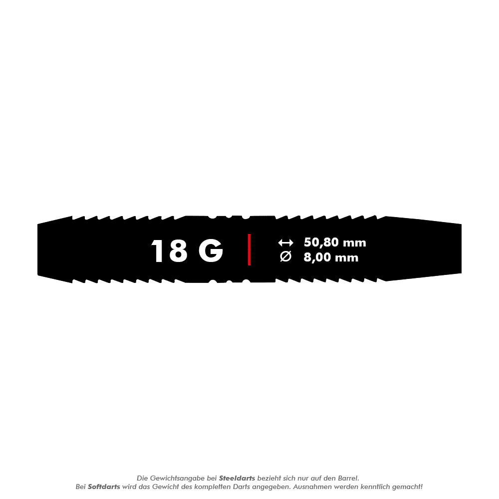 2235-18_Winmau_Outrage_Black_Coated_Brass_Softdarts_5-18g Das Bild zeigt den Winmau Outrage V1 Black Coated Brass Softdart mit einem Gewicht von 18 Gramm. Die Maße des Barrels sind 50,80 mm Länge und 8,00 mm Durchmesser.