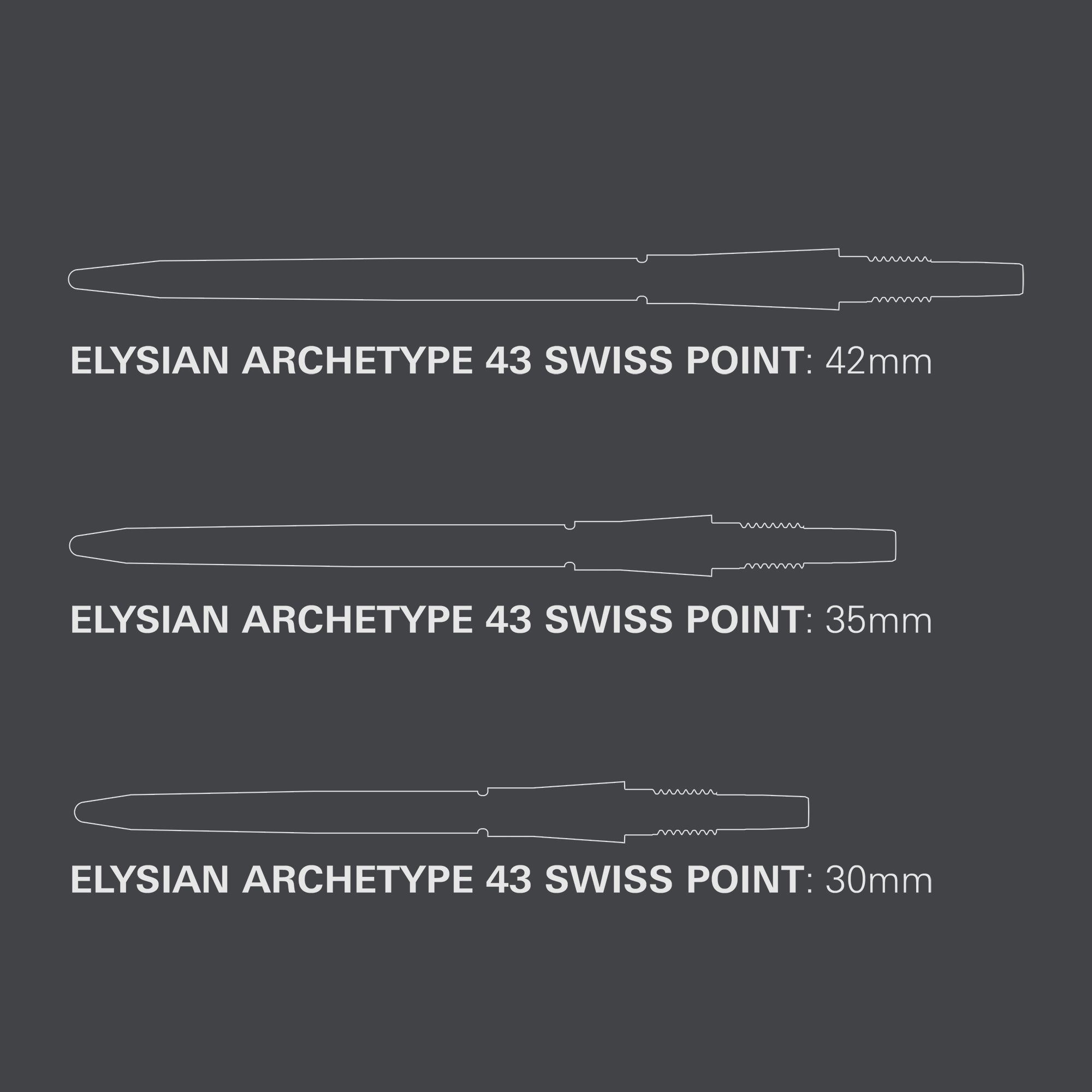 Target Elysian Archetype 43 Swiss Point Steeldartspitzen - Schwarz Das Bild zeigt die Target Elysian Archetype 43 Swiss Point Steeldartspitzen in Schwarz. Die Dartspitzen sind robust und für professionelle Spieler geeignet.