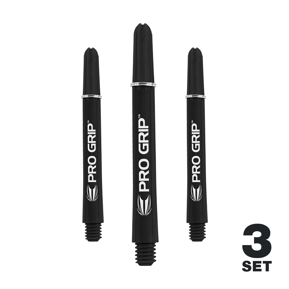 Target Pro Grip Shafts - 3 Sets - Black Das Bild zeigt drei schwarze Dartschäfte der Marke "Pro Grip". In der rechten unteren Ecke steht "3 Set".