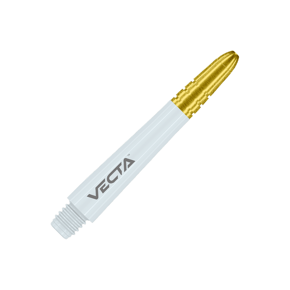 Dies ist ein weißer Dartshaft mit goldenem oberen Ende. Auf dem Schaft steht das Wort "VECTA".