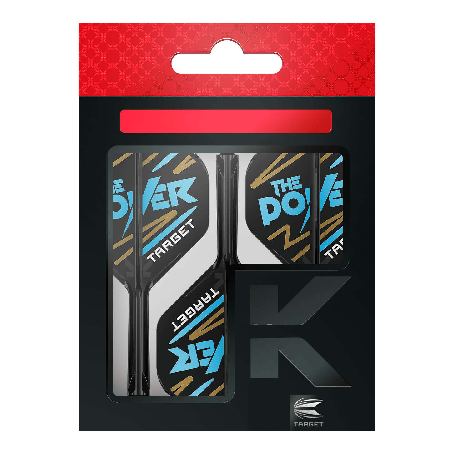 Systém standardní letové hřídele Target K-Flex Phil Taylor No2 Das Bild zeigt eine Packung „Target K-Flex Phil Taylor No2 Standard Flights“. Die Flights sind überwiegend schwarz und weiß mit blauen und goldenen Akzenten und der Aufschrift „The Power“.