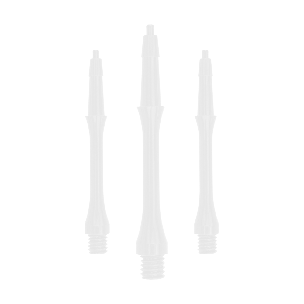 HRC-12602-W_Harrows_Clic_Slim_Shafts_White_23mm_1 Das Bild zeigt drei weiße, schlanke Dartschäfte der Marke Harrows Clic Slim. Die Schäfte sind aufrecht nebeneinander angeordnet und haben ein schlichtes, elegantes Design.