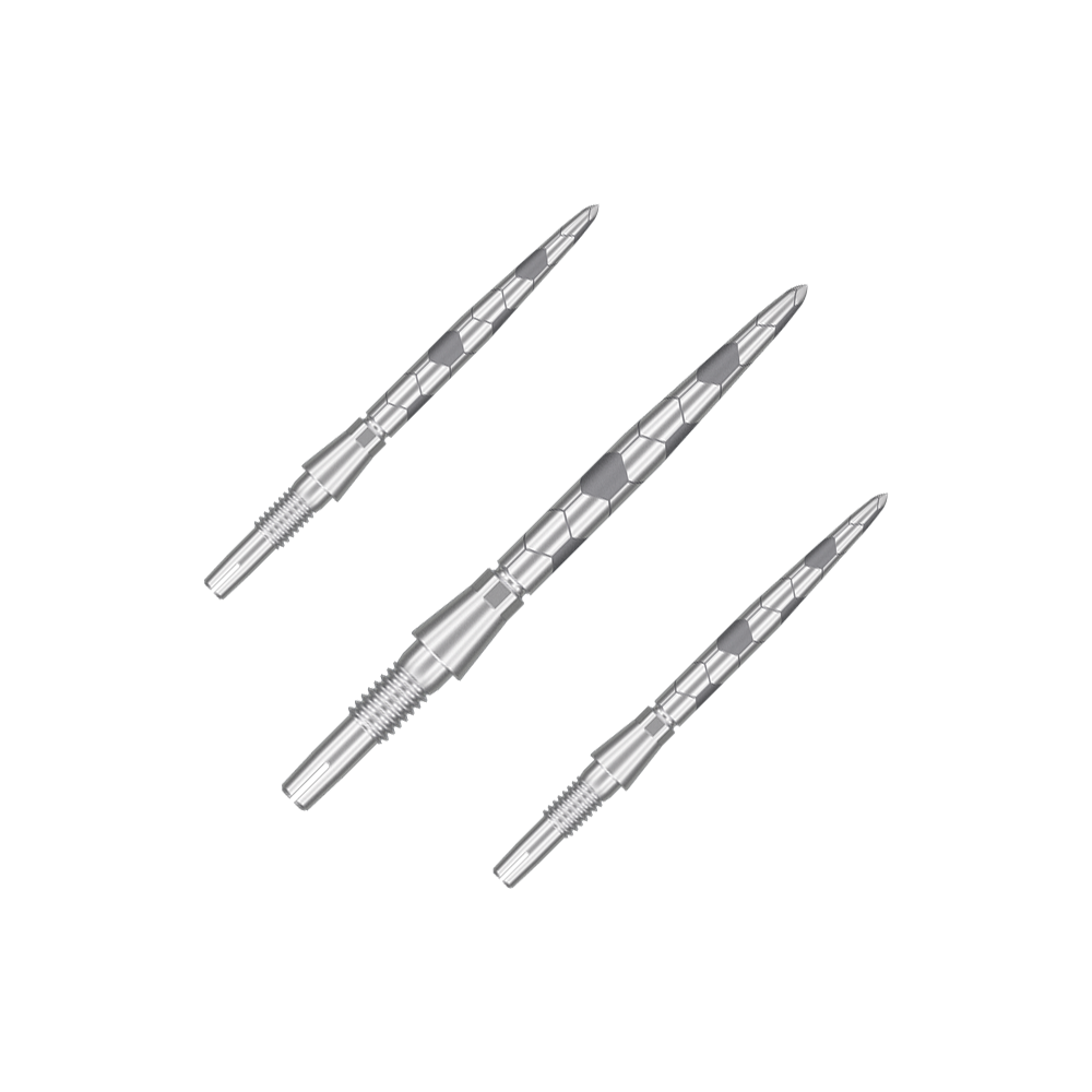 Puntas de dardos Target Swiss Storm Onyx Point - Plateadas Auf dem Bild sind drei silberne Dartspitzen zu sehen. Sie haben ein längliches, geriffeltes Design und sind aus Metall gefertigt.