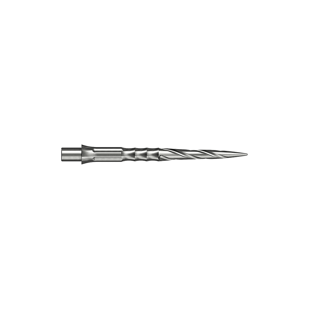 Puntas de dardos de acero Caliburn System - Spiro - NoLip - plateadas Hier sind silberne Steeldartspitzen des Caliburn Evo Systems mit Spiro-Design und 28 mm Länge abgebildet. Zwei dieser Spitzen liegen nebeneinander.