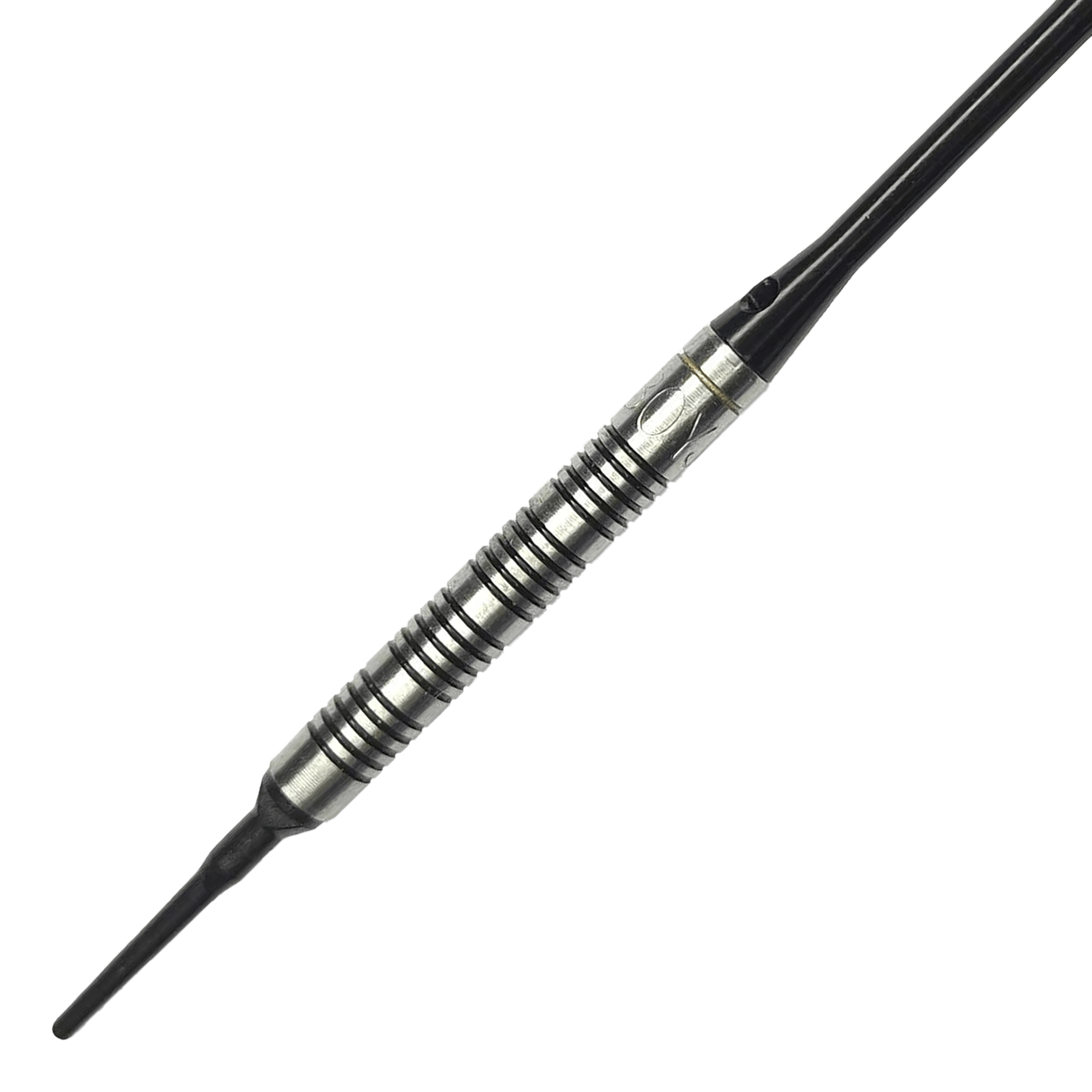 Dardos blandos McDart 85 Tungsteno V17 - 16,5 g Das Bild zeigt einen McDart 85er Tungsten V17 Softdart mit einem Gewicht von 16,5g. Der Dart hat ein silber-schwarzes, griffiges Barrel und eine schwarze Spitze.