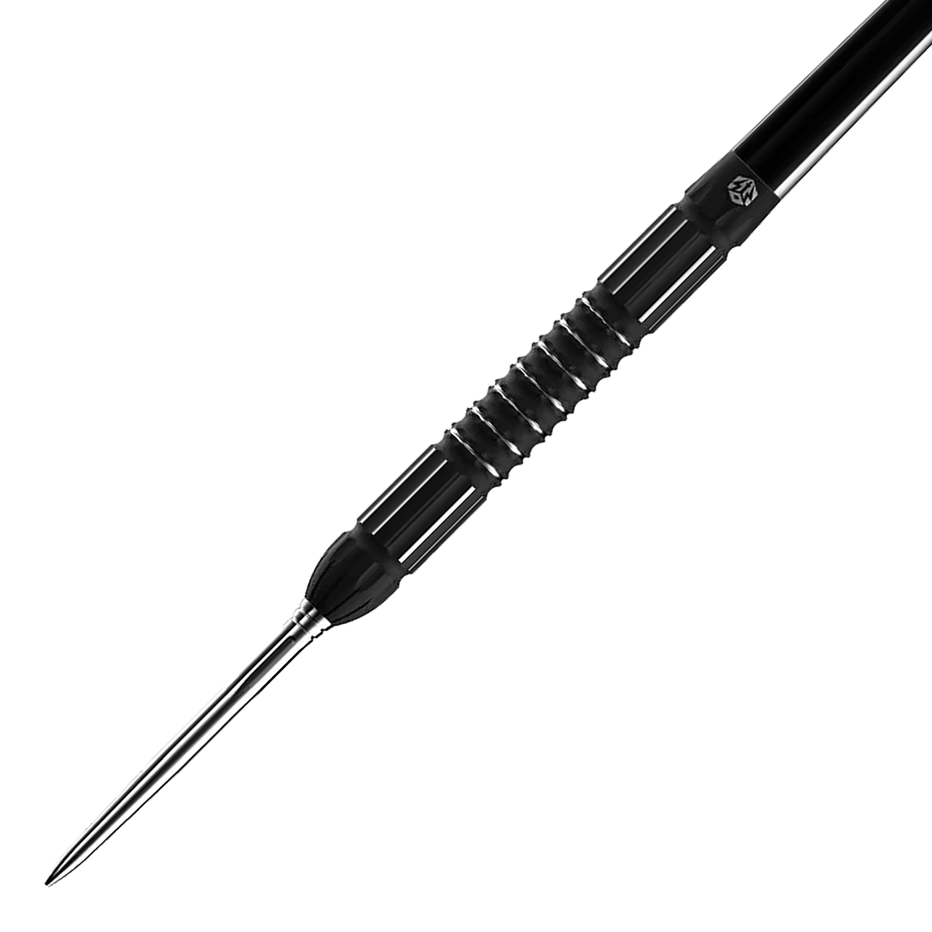 Freccette in acciaio Caliburn Sword S2 Das Bild zeigt den Caliburn Sword S2 Steeldart. Der Dartpfeil hat ein schwarzes, geriffeltes Griffstück und eine silberne Spitze.