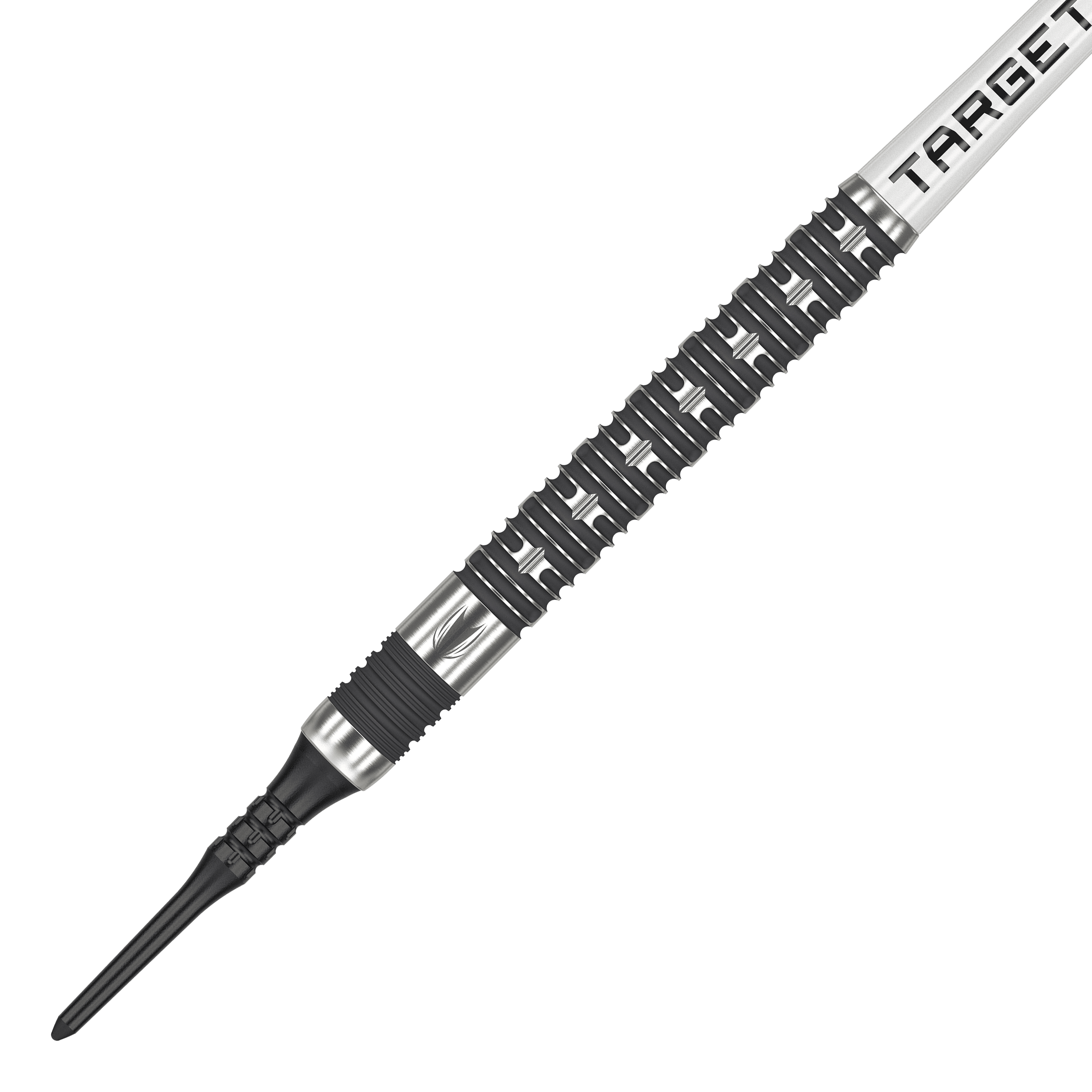 Target Chris Dobey Hollywood Action Softdarts - 20g Das Bild zeigt einen Softdart aus der Serie "Target Chris Dobey Hollywood Action Softdarts - 20g". Der Dart hat ein markantes, silber-schwarzes Design mit einem strukturierten Griff.