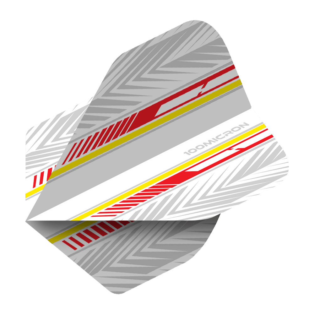 Voli Pentathlon bianchi/rossi/gialli Das Bild zeigt die Pentathlon White Red Yellow No2 Standard Flights. Die Flights sind überwiegend weiß und grau mit roten und gelben Akzenten sowie einem modernen Muster.