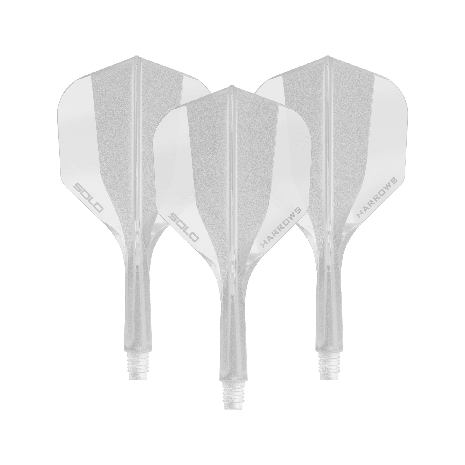 Zu sehen ist ein Harrows Solo No6 Flight Shaft System in klarer Ausführung, 20mm, als Set. Das Produkt wird als Ersatzteil für Dartpfeile verwendet.