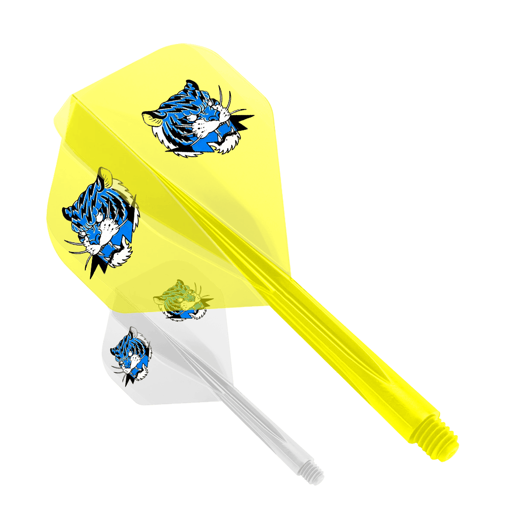Condor AXE Inazuma Tiger Mix Flight-System Yellow Clear - Small Das Bild zeigt das Produkt "Condor AXE Inazuma Tiger Mix Flight-System Yellow Clear - Small". Es handelt sich um einen gelben Dart-Flügel mit einem auffälligen Tigerkopf-Design.
