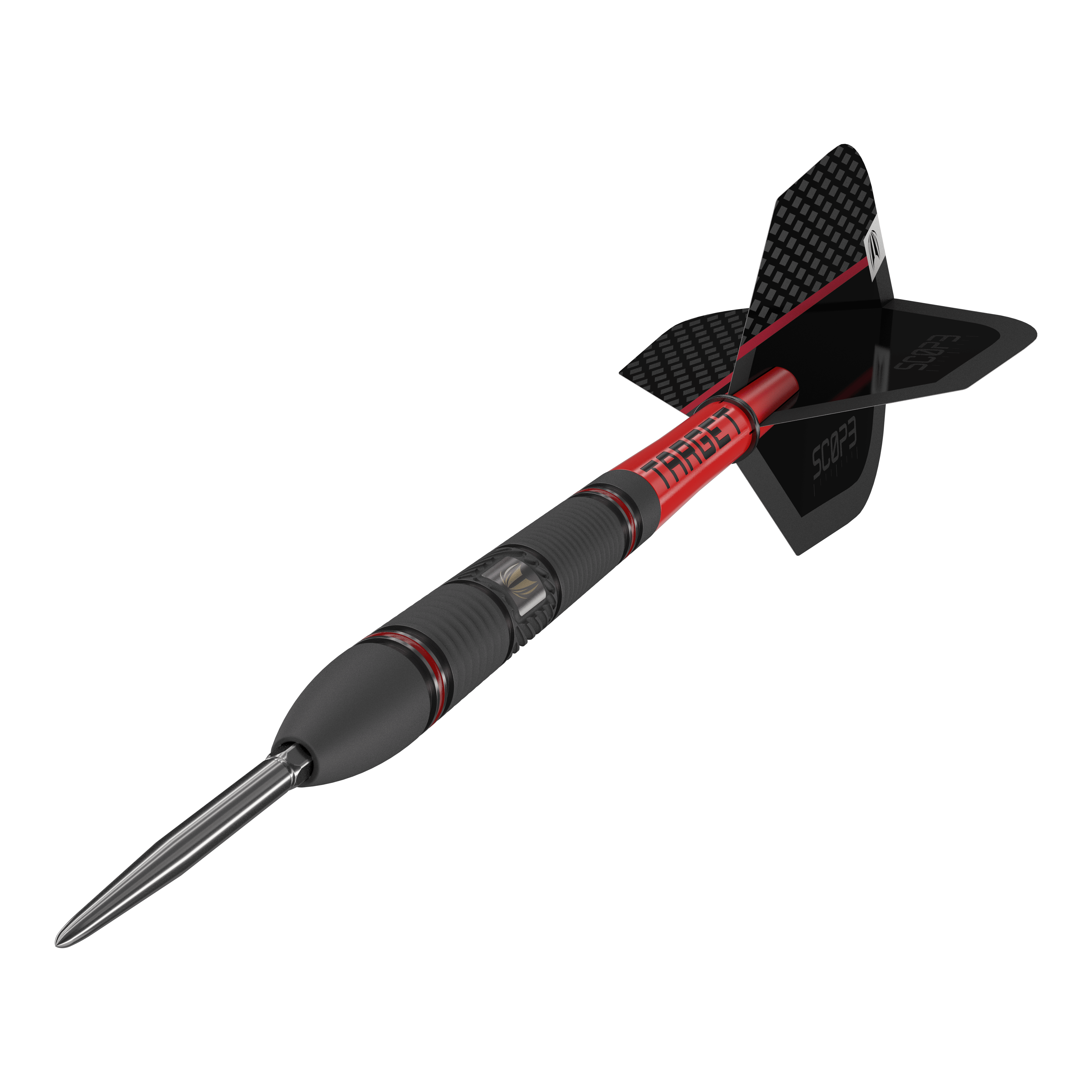 Dardos de acero Target Scope 02 Swiss Point Das Bild zeigt den Target Scope 02 Swiss Point Steeldart. Der Dartpfeil hat ein schwarzes und rotes Design mit einer metallischen Spitze und schwarzen Flights.