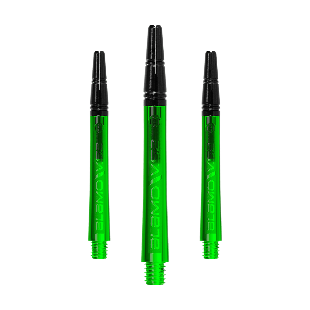 Tiges Harrows Alamo VS2 - Vertes Ein Set langer Dart-Schäfte mit glänzender Textur ist zu sehen. Die Schäfte liegen sortiert nebeneinander.