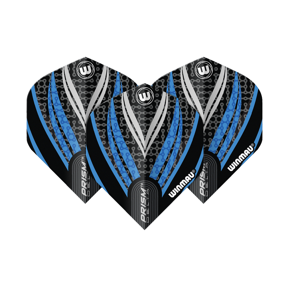 Letky Winmau Prism Delta černá bílá modrá č. 2 standardní Das Bild zeigt drei Dart-Flights des Modells "Winmau Prism Delta" in Schwarz, Weiß und Blau. Die Flights haben ein modernes, gemustertes Design mit den Markenaufschriften "Winmau" und "Prism Delta".