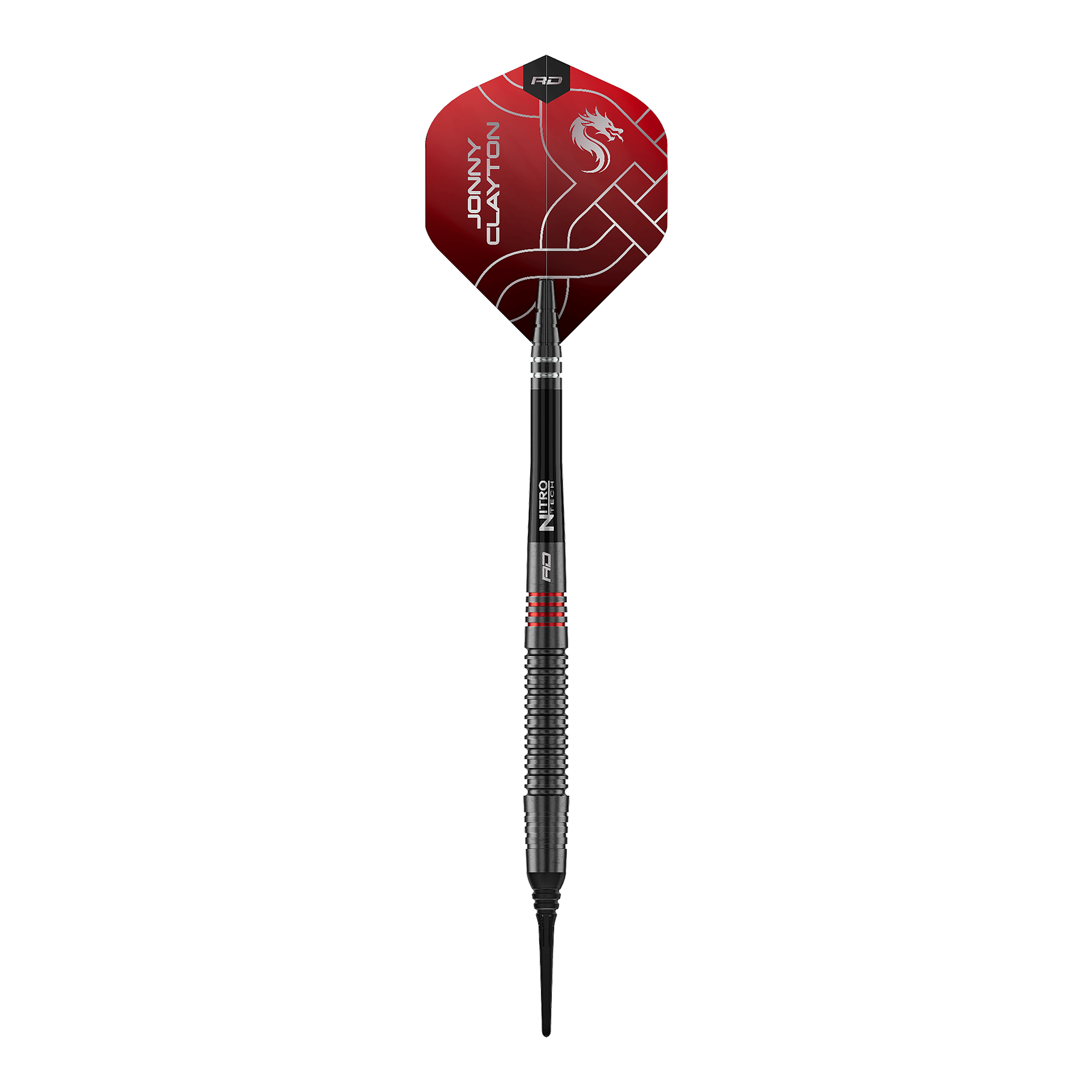 Red Dragon Jonny Clayton RD-ADV Softdarts - 18g Das Bild zeigt die Red Dragon Jonny Clayton RD-ADV Softdarts - 18g. Ein einzelner Softdart wird von oben präsentiert.