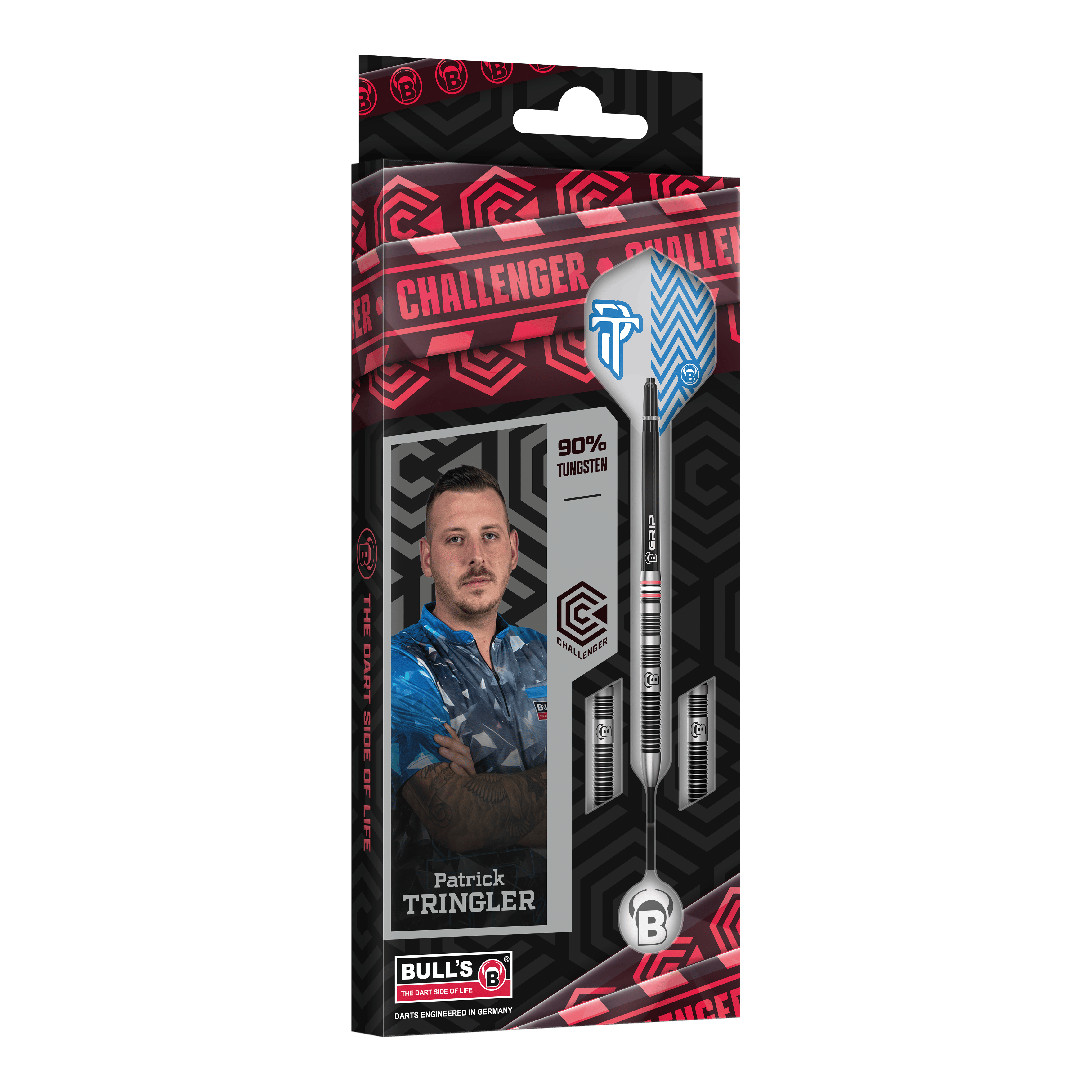 Dardos de acero Bulls Challenger Patrick Tringler - 21 g Zu sehen ist das Set Bulls Challenger Patrick Tringler Steeldarts mit 21g. Es handelt sich um hochwertige Steeldarts mit dem Namen des Profis Patrick Tringler.