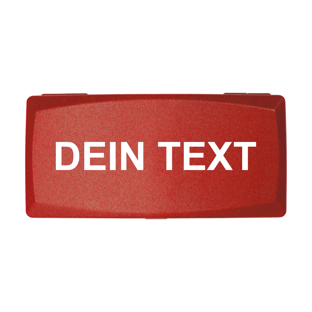 MD-ABS-Rot_W_Bedruckte_ABS_Box_Wunschtext_Rot_1 Das Bild zeigt eine rote rechteckige Box mit weißem Text darauf. Auf der Box steht in Großbuchstaben "DEIN TEXT".