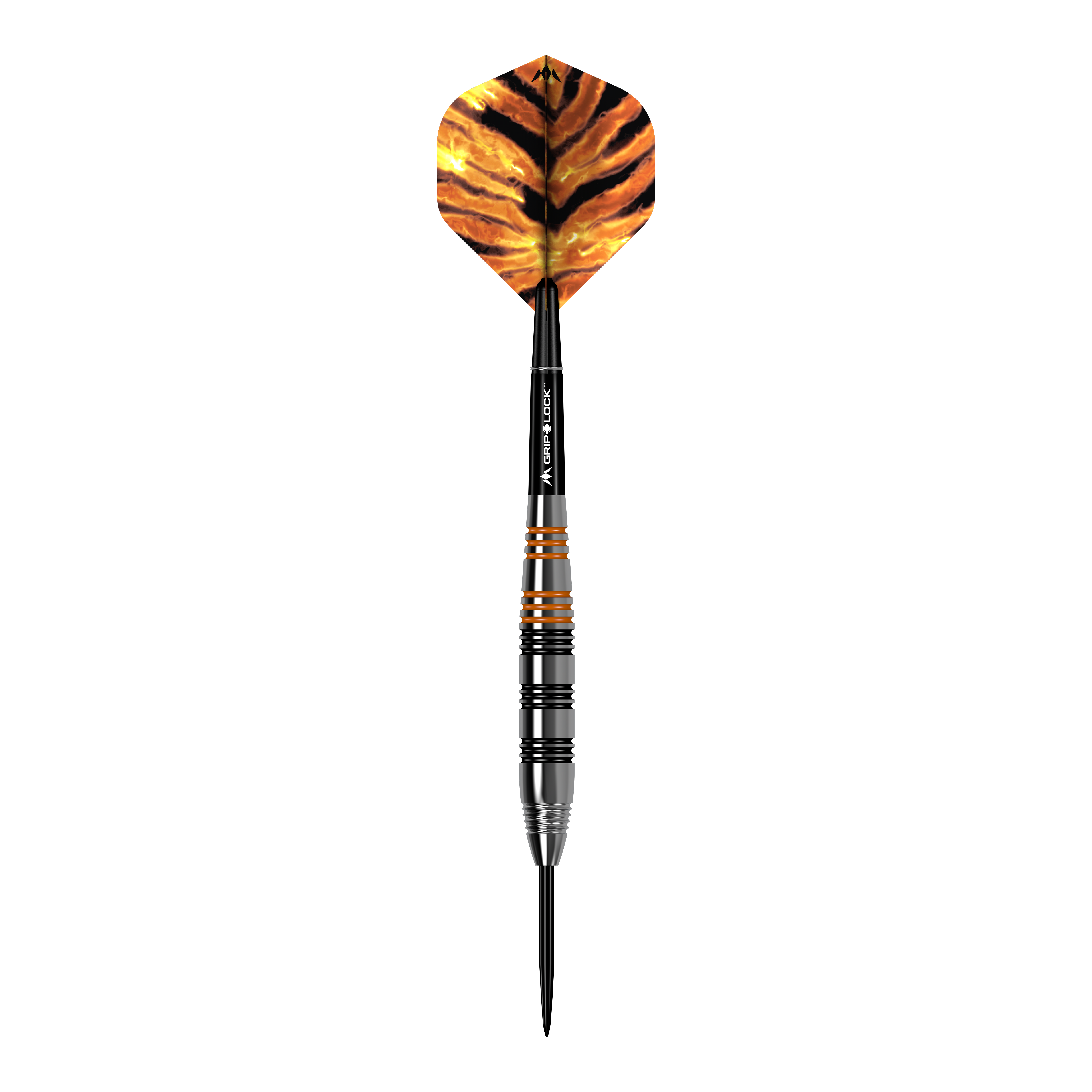 Fléchettes en acier laiton Mission Javan - 22 g Das Bild zeigt einen Steeldart namens "Mission Javan Brass Steeldarts - 22g". Der Dart hat schwarze und orangefarbene Akzente sowie eine Flügel mit einem Tigerstreifenmuster.