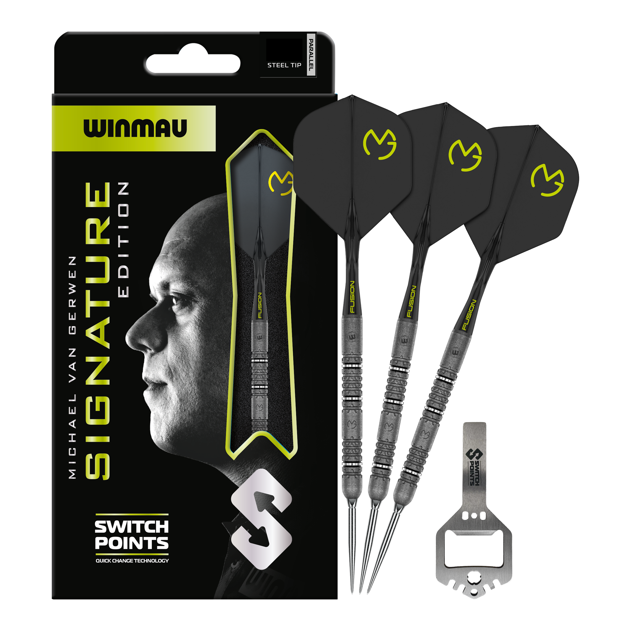 Das Bild zeigt die Winmau MvG Signature Edition Switch Points Steeldarts. Es handelt sich um hochwertige Steeldarts speziell für Profis und Sammler.