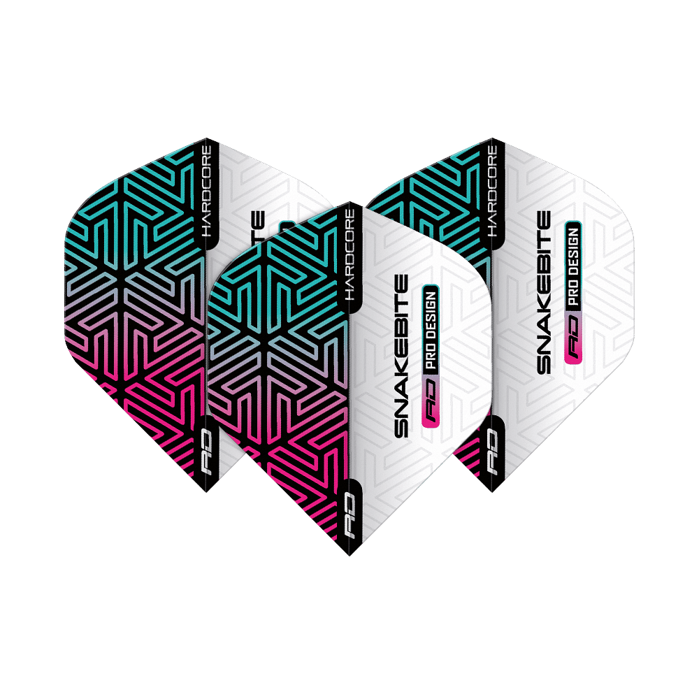 TF6842_Red_Dragon_Hardcore_Peter_Wright_Snakebite_White_Rainbow_Standard_Flights_1DbgsDrpRQFCUT Auf dem Bild sind die Red Dragon Hardcore Peter Wright Snakebite White Rainbow Standard Flights zu sehen. Sie haben ein auffälliges Design in Weiß mit bunten, geometrischen Mustern in Pink, Blau und Schwarz.