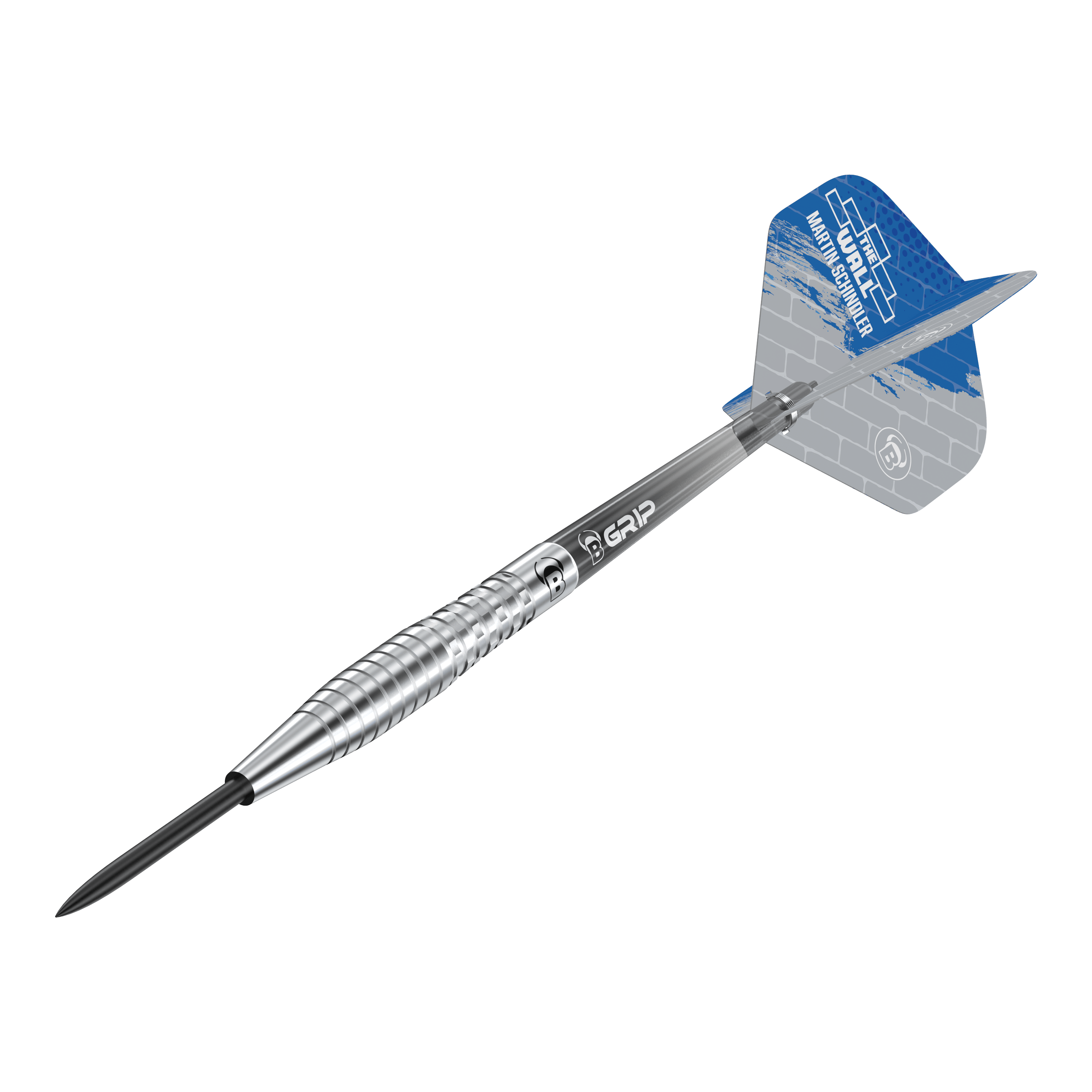 Bulls Martin Schindler Original Generation 2 freccette in acciaio Das Bild zeigt einen Bulls Martin Schindler Original Generation 2 Steeldartpfeil. Der Dartpfeil hat einen silbernen, geriffelten Schaft und ein blau-graues Flight mit Aufdruck.