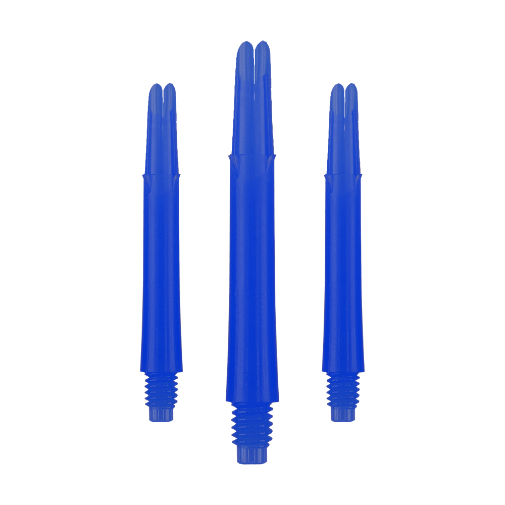 L-L-Style-Shafts Locked Straight - Blue Auf dem Bild sind drei blaue, gerade Dartschäfte zu sehen. Sie haben ein Schraubgewinde am unteren Ende und sind in einer Reihe angeordnet.