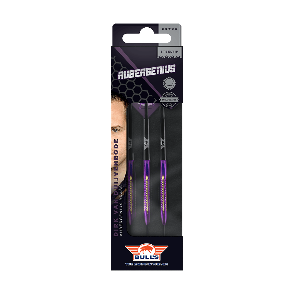 BU24321_BullsNL_Dirk_Van_Duijvenbode_Shell_Coated_Brass_Steeldarts_3 Das Bild zeigt eine Verpackung der "BullsNL Dirk Van Duijvenbode Shell Coated Brass Steeldarts - 21g". In der Verpackung befinden sich drei Steeldarts mit lila und goldfarbenen Details.