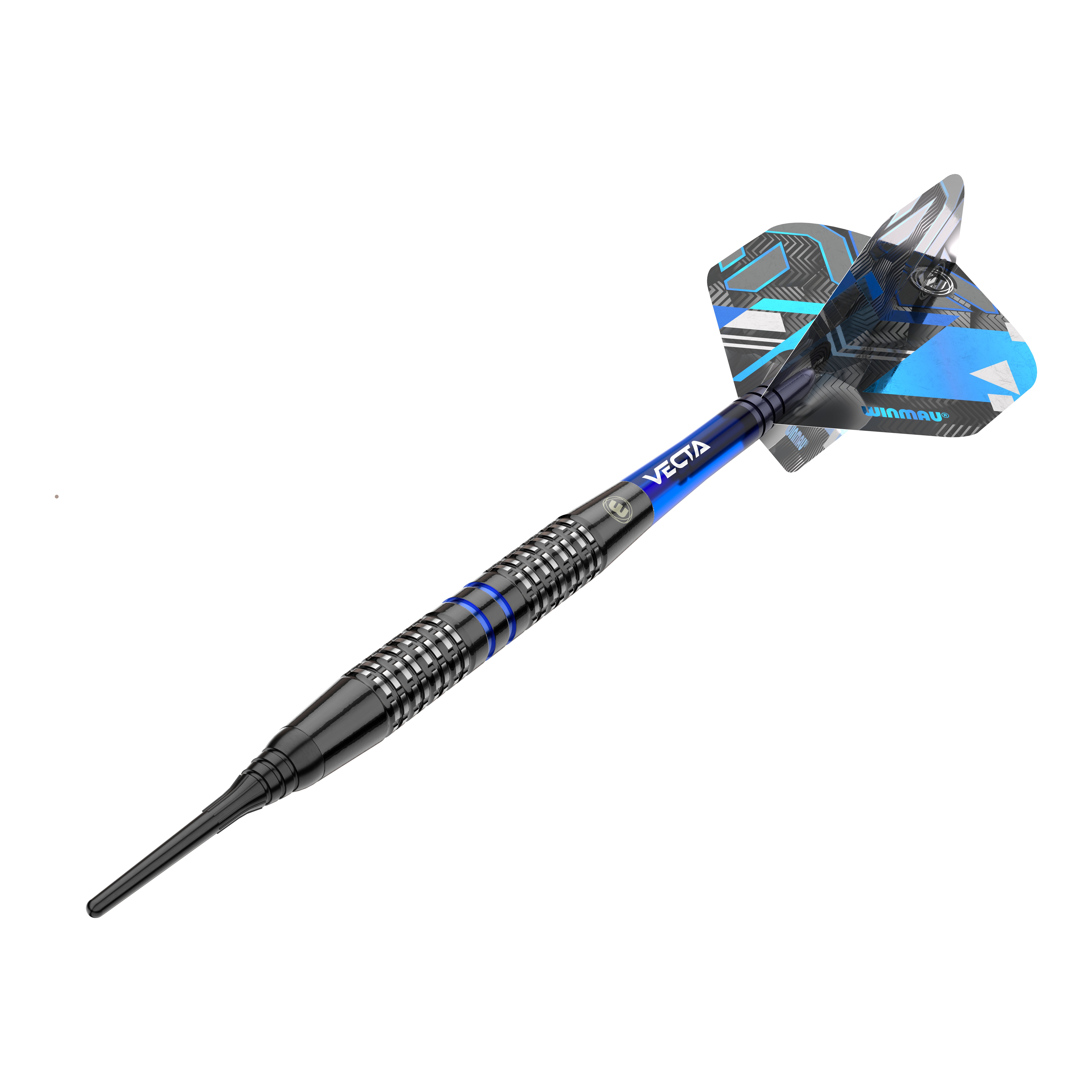 Měkké šipky Winmau Galactics - 20g Das Bild zeigt einen Winmau Galactics Softdart mit einem Gewicht von 20 Gramm. Der Dart ist überwiegend schwarz mit blauen Akzenten und verfügt über ein modernes Design.