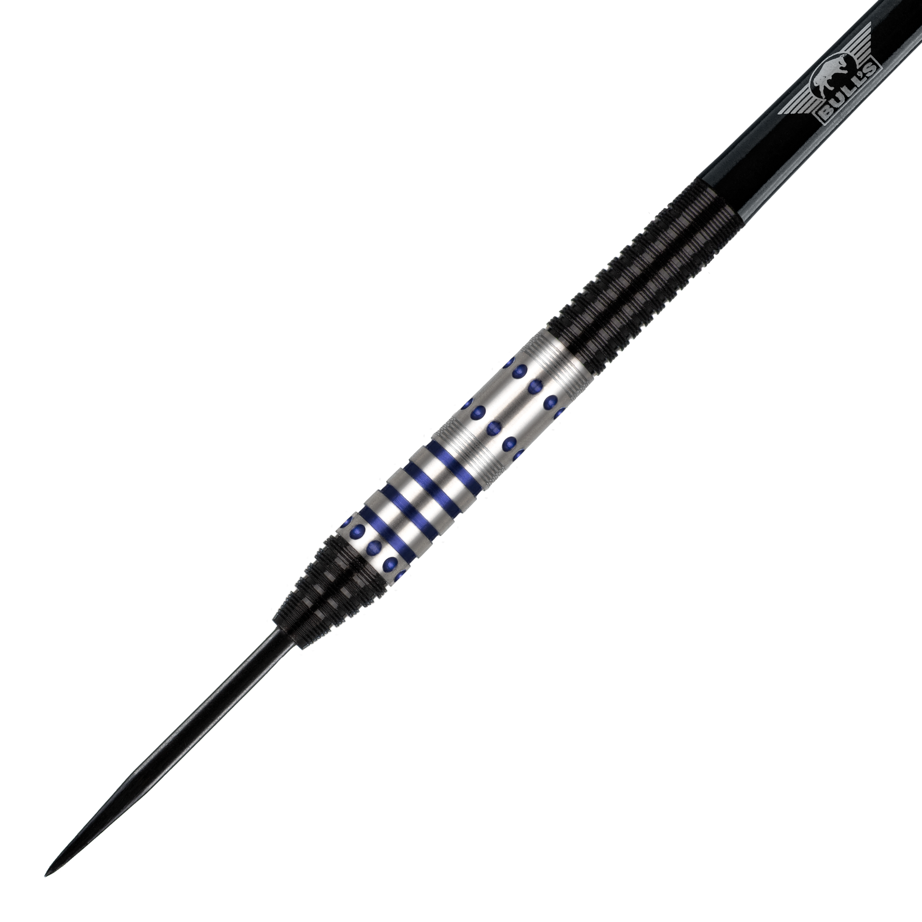 Dardos de acero Bulls NL Richard Veenstra 90 - 23 g Das Bild zeigt einen Steeldartpfeil, Modell "Bulls NL Richard Veenstra 90 Steeldarts - 23g". Der Dartpfeil hat ein silbernes Griffstück mit blauen Akzenten und schwarzen Rillen.