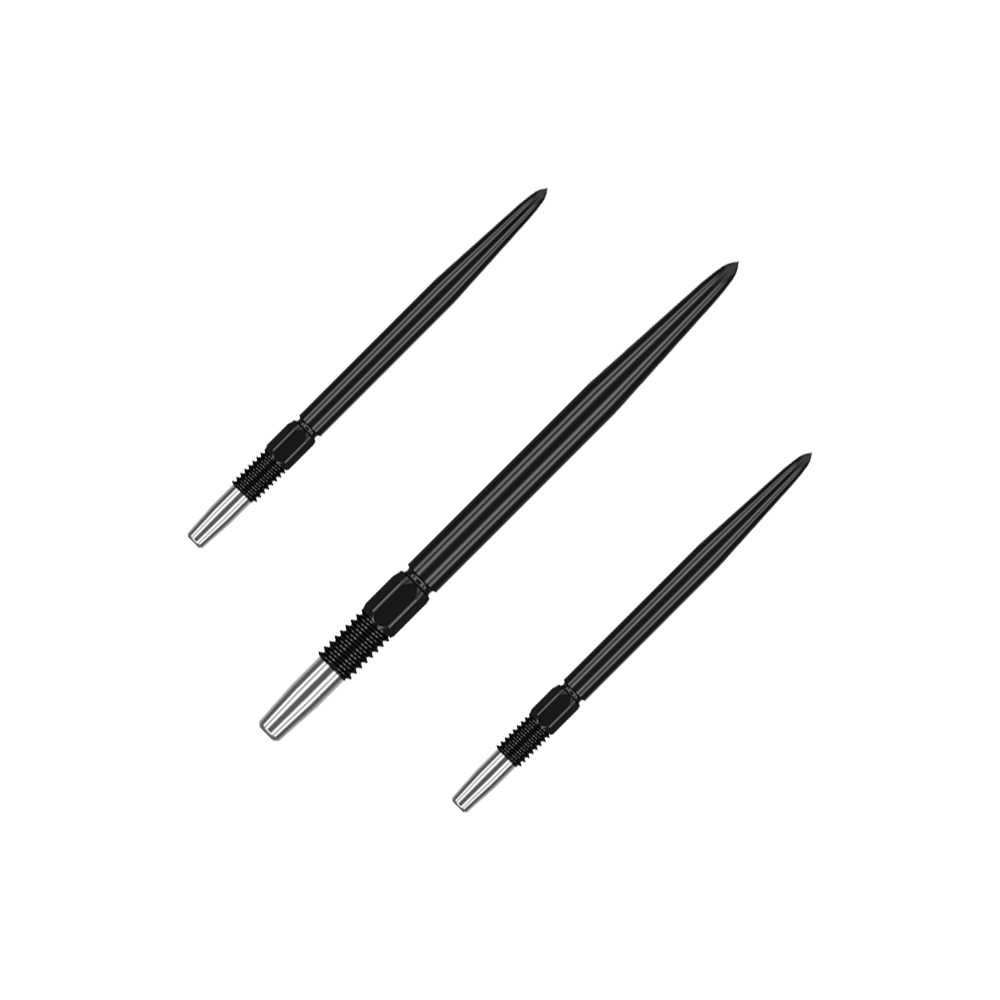 Target Swiss Point Black Dartspitzen Schwarze Dartspitzen mit matter Fläche werden als Set präsentiert. Mehrere Spitzen sind nebeneinander gruppiert.