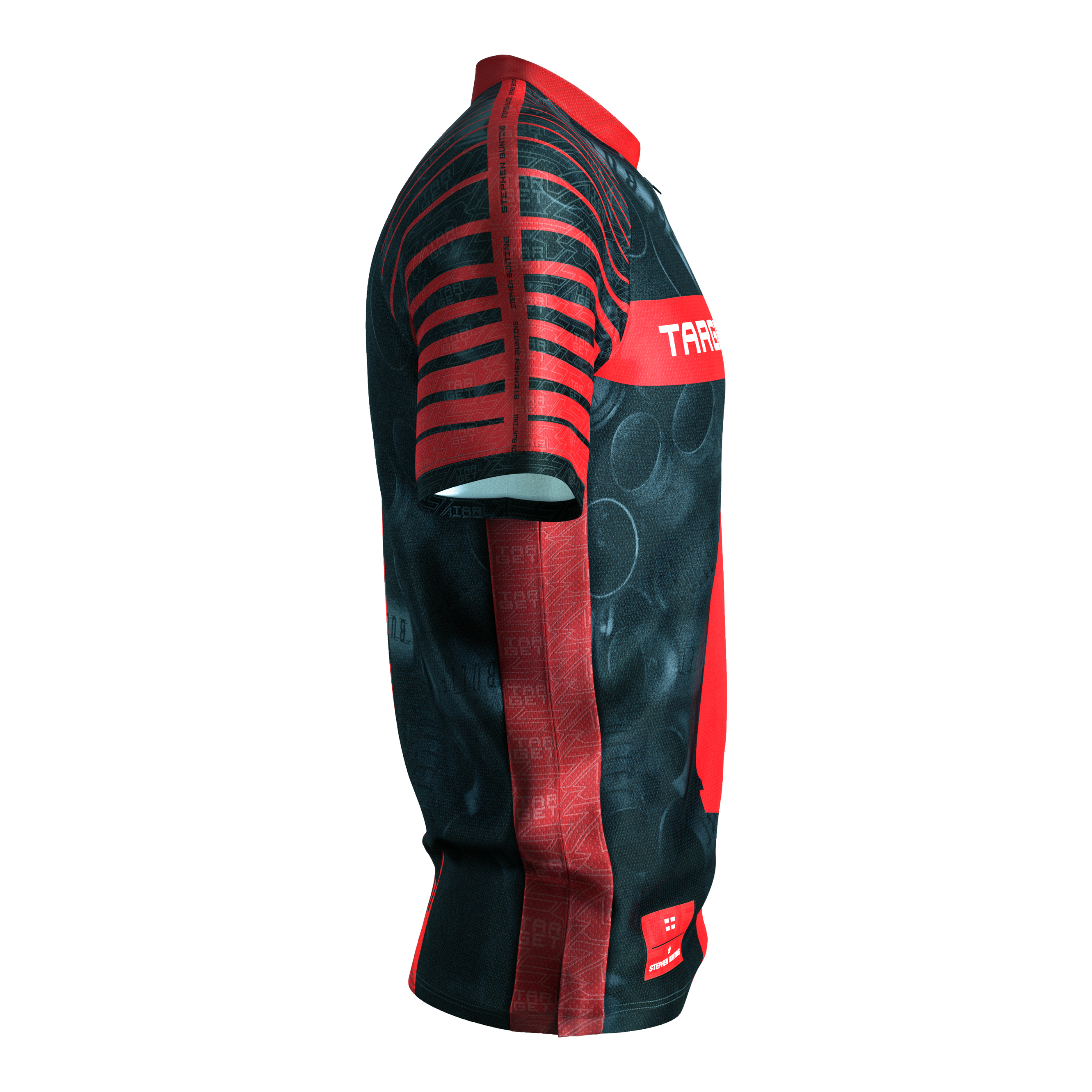 Maillot de fléchettes Target Coolplay Stephen Bunting 2025 Das Bild zeigt das "Target Coolplay Stephen Bunting 2025 Dartshirt" aus seitlicher Perspektive. Das Shirt ist überwiegend schwarz mit auffälligen roten Streifen und Mustern.