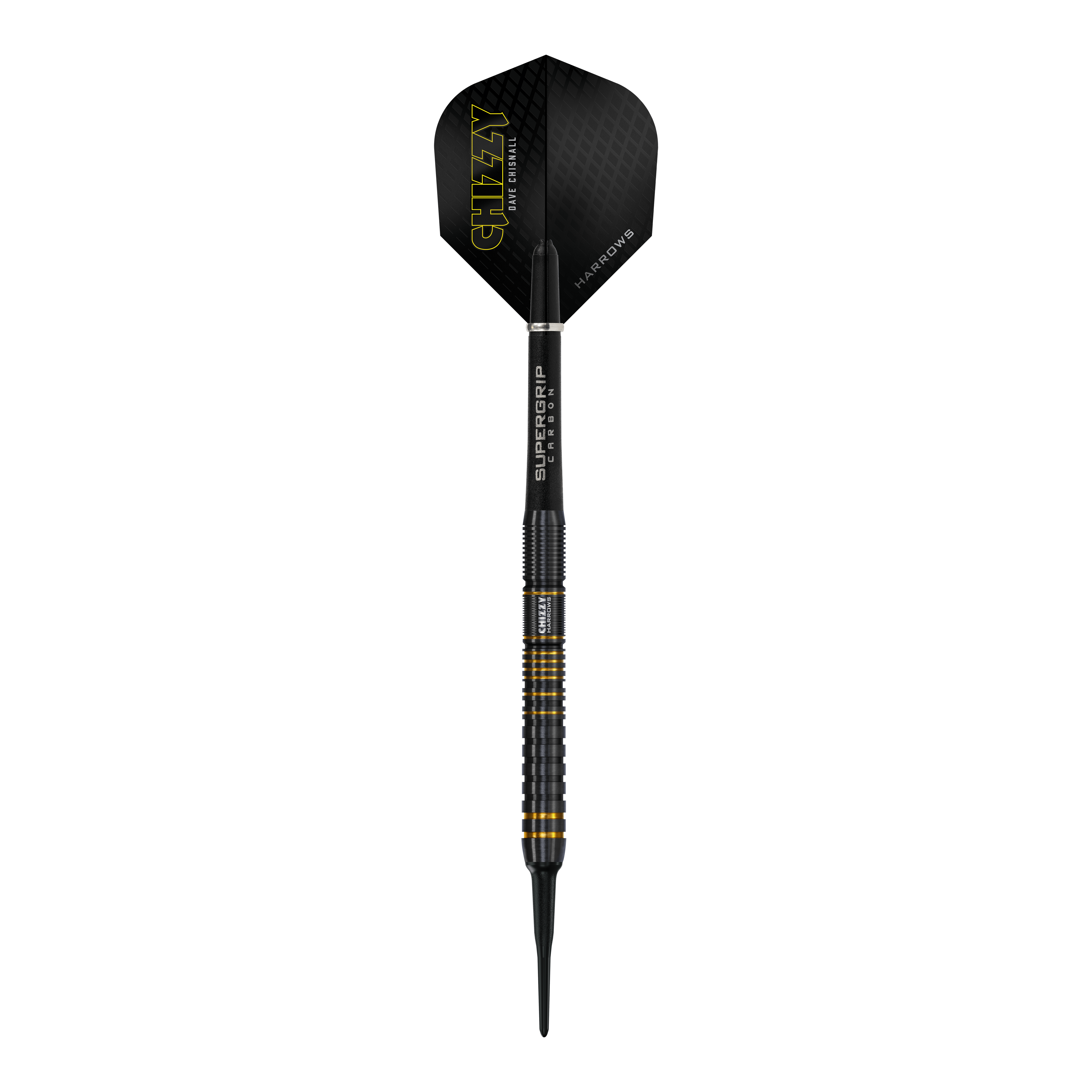 Fléchettes souples Dave Chisnall Chizzy Series 3 de Harrow Dieses Bild zeigt einen Harrows Dave Chisnall Chizzy Series 3 Softdart. Der Dartpfeil ist schwarz mit gelben Akzenten und trägt den Schriftzug "CHIZZY" auf dem Flight.