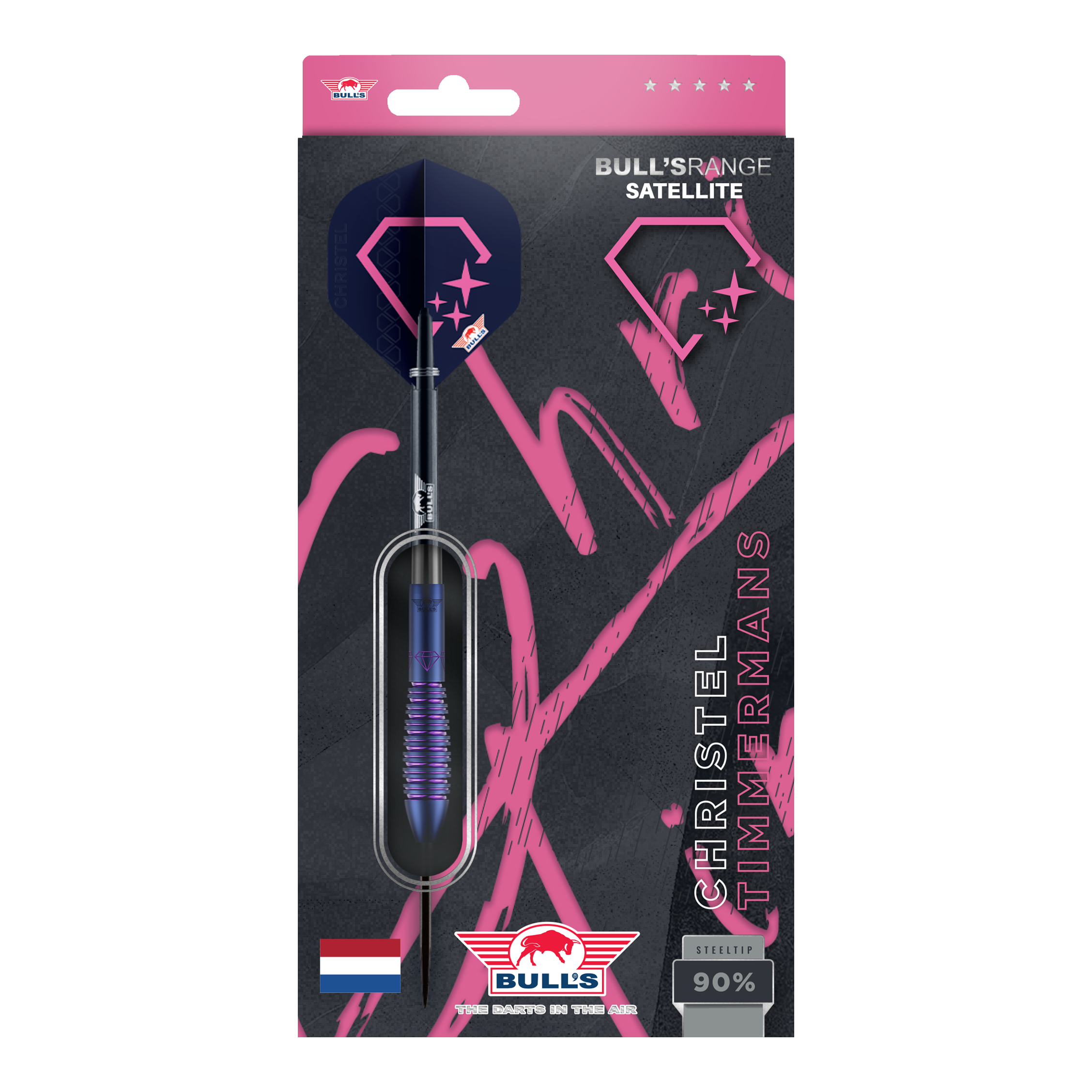 Bulls NL Christel Timmermans Satellite 90 ocelové šipky 25g Die Bulls NL Christel Timmermans Satellite 90 Steeldarts 25g sind auf dem Bild abgebildet. Es handelt sich um hochwertige Steeldarts für Präzision und Leistung.