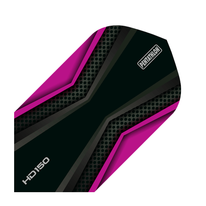 Das Bild zeigt das Produkt "HD 150 Pentathlon Flights Black/Magenta Slim". Es ist ein schlanker Dartflight in Schwarz mit magentafarbenen Akzenten und dem Aufdruck "PENTATHLON" sowie "HD150".
