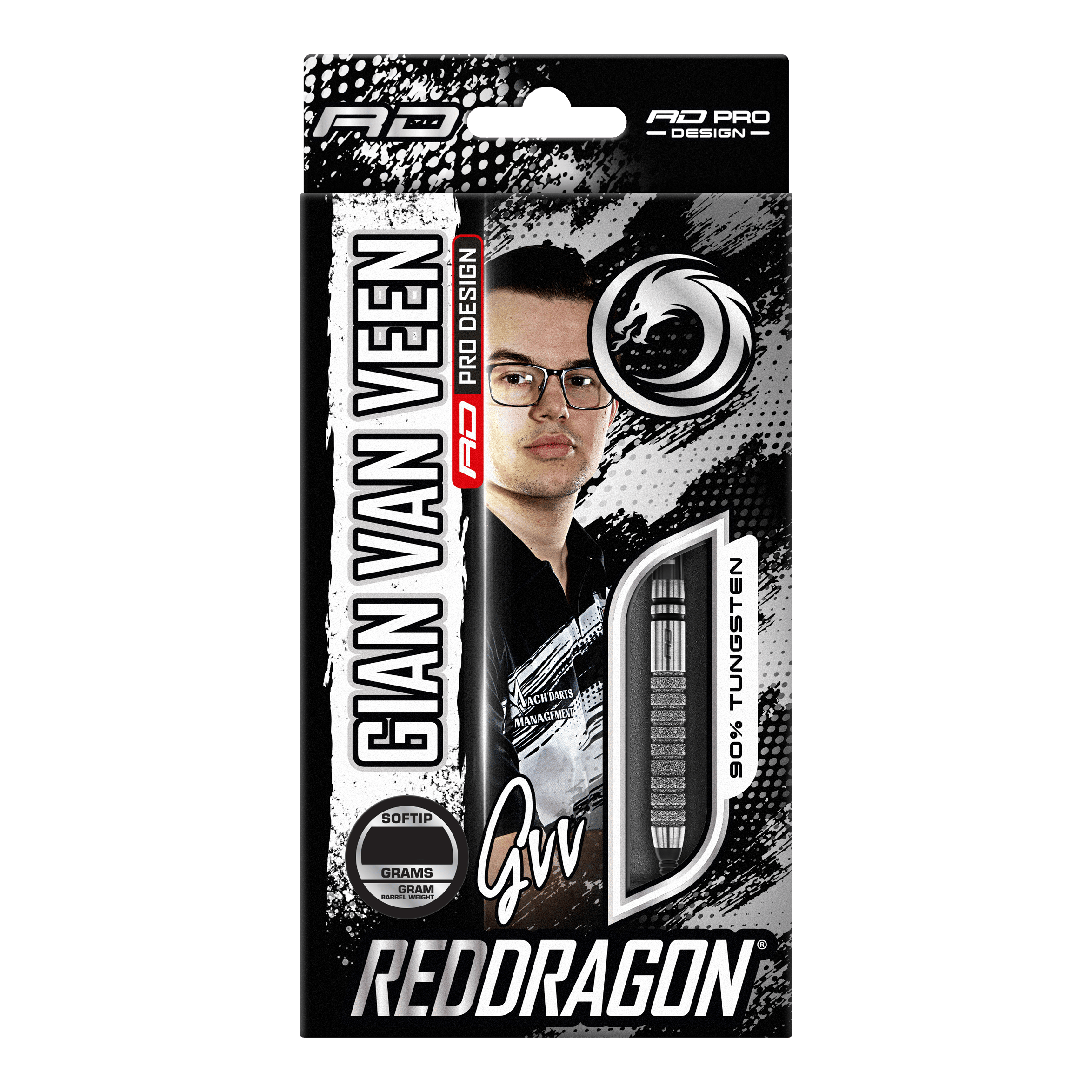 Dardos blandos Red Dragon Gian Van Veen Tour Edition - 20 g Auf dem Bild ist die Verpackung der "Red Dragon Gian Van Veen Tour Edition Softdarts - 20g" zu sehen. Die Packung zeigt ein Porträt von Gian Van Veen und ein Sichtfenster mit einem Dartpfeil.