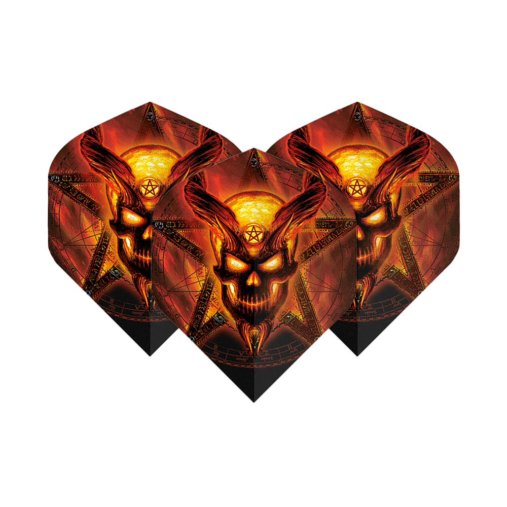 Standardní lety pro Alchemy Burning Temple No2 Die Abbildung zeigt drei Dart-Flights mit einem brennenden, dämonischen Totenkopf-Design vor einem Pentagramm. Die Farben sind hauptsächlich feuriges Rot und Gelb, was dem Produkt ein auffälliges und dramatisches Aussehen verleiht.