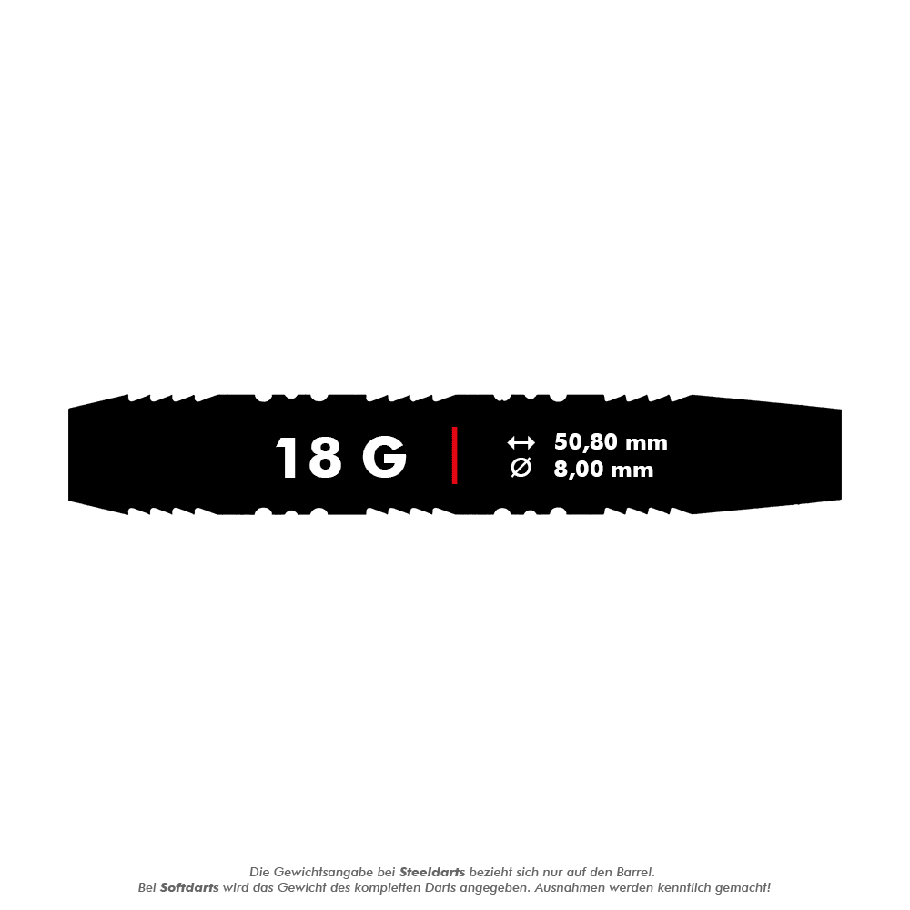2236_Winmau_Outrage_V2_Black_Coated_Softdarts_5_18g Das Bild zeigt die Produktdaten der "Winmau Outrage V2 Black Coated Brass Softdarts - 18g". Die Darts wiegen 18 Gramm und haben eine Länge von 50,80 mm sowie einen Durchmesser von 8,00 mm.
