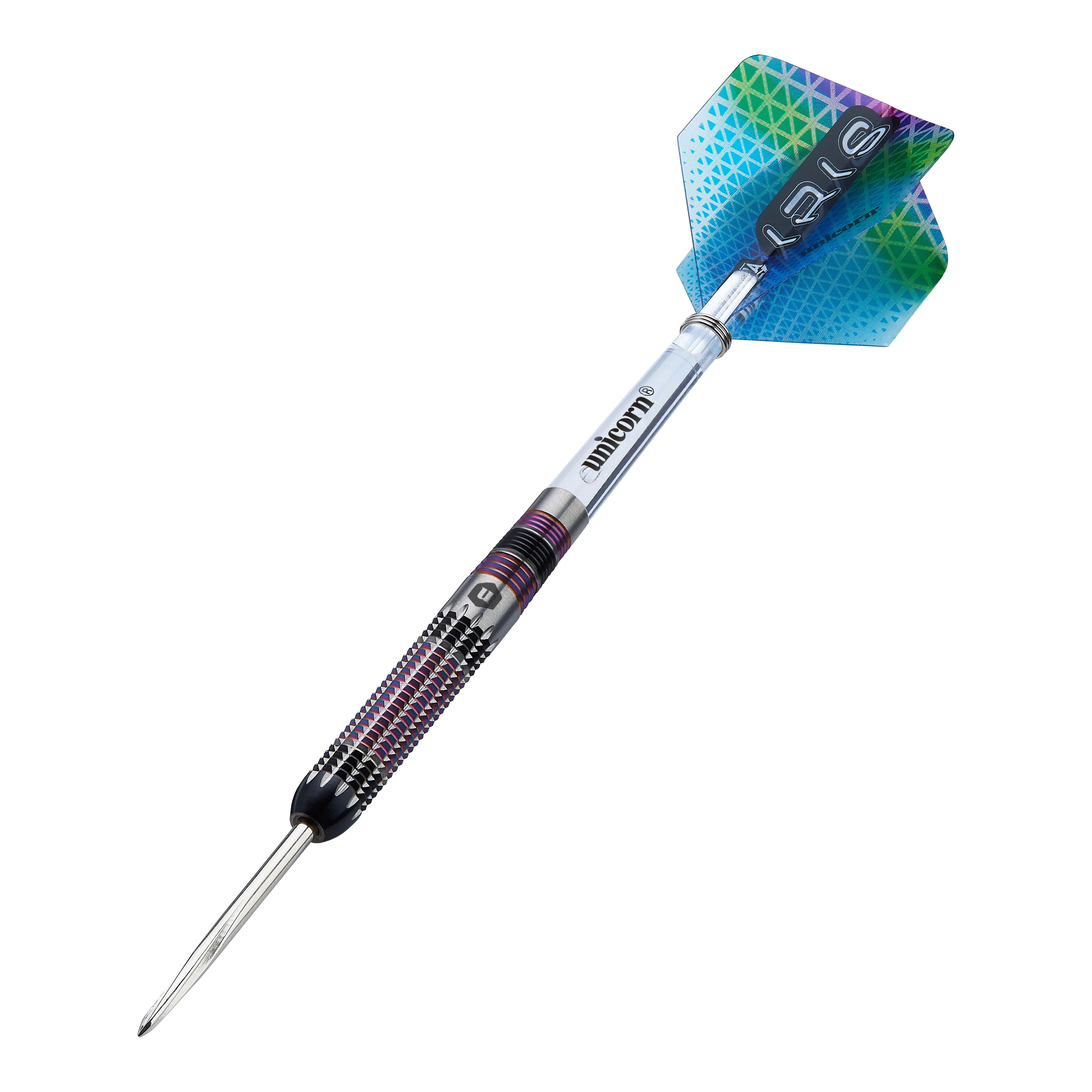 Ocelové šipky Unicorn Iris Unicorn Iris Steeldarts sind als Set abgebildet. Die Darts haben eine auffällige Form.