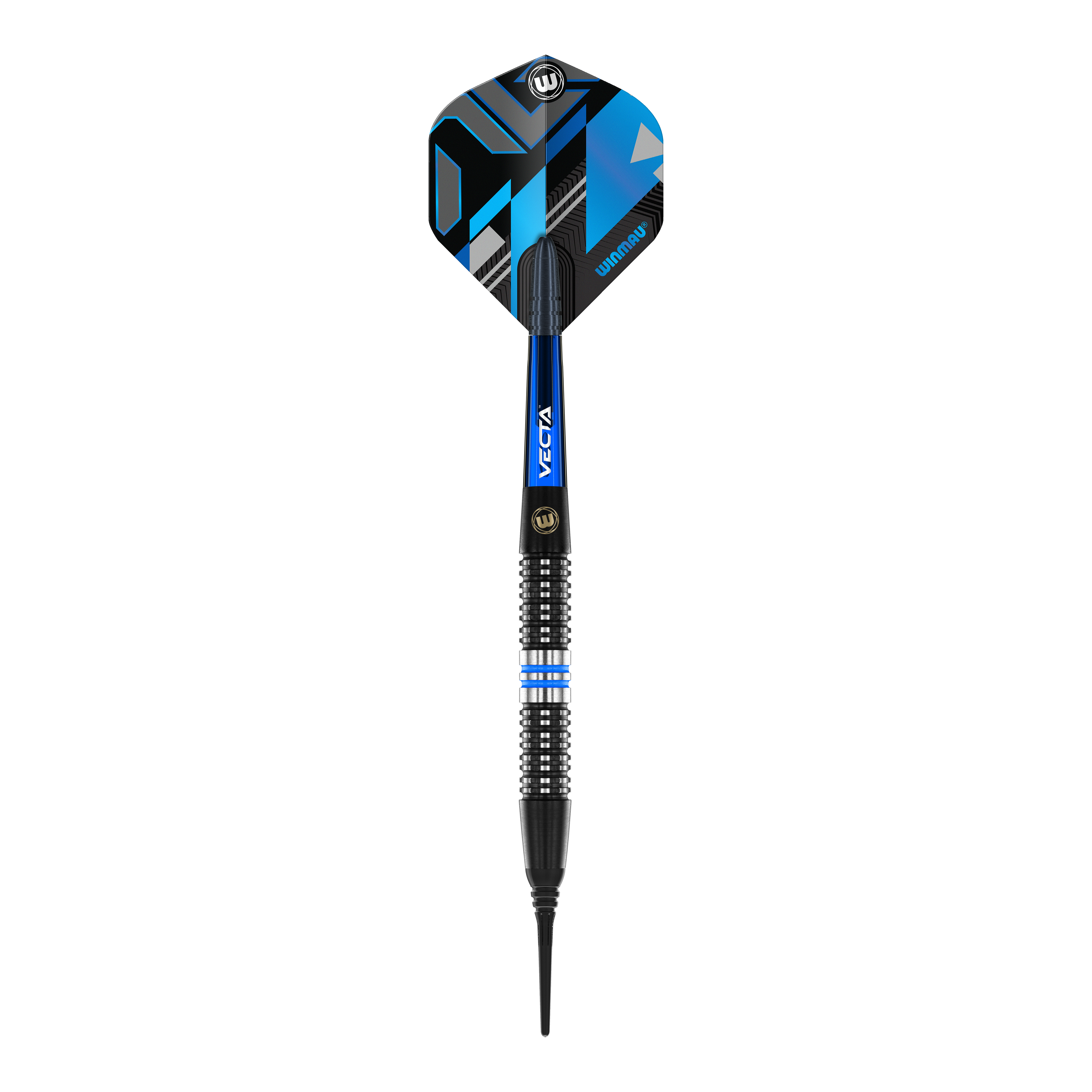 Měkké šipky Winmau Galactics - 20g Das Bild zeigt einen Winmau Galactics Softdart mit einem Gewicht von 20 Gramm. Der Dart hat schwarze, blaue und silberne Akzente sowie eine moderne, geometrische Flight-Gestaltung.