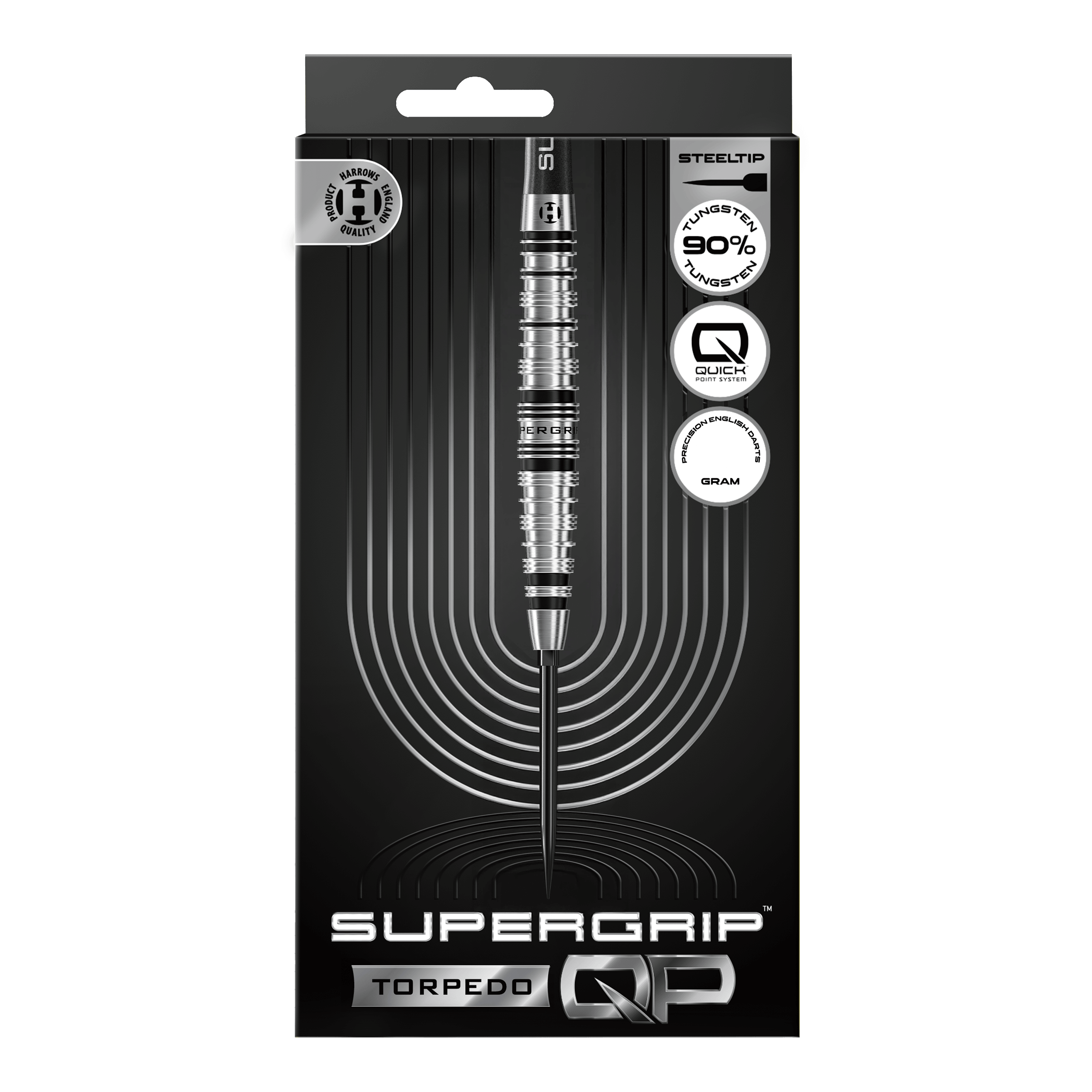 Dardos de acero Harrows Supergrip Torpedo Quick Point Hier werden die Harrows Supergrip Torpedo Quick Point Steeldarts dargestellt. Diese Darts sind robust und für hohe Performance beim Spielen geeignet.