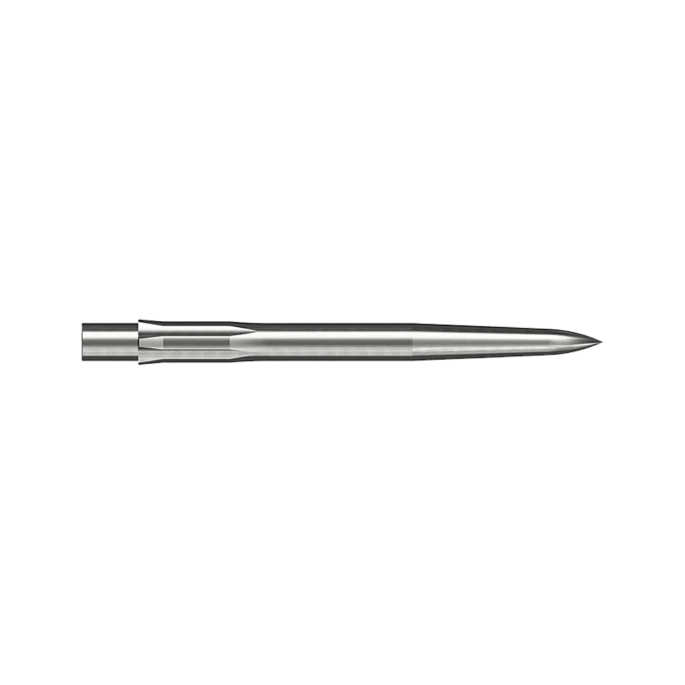 Puntas de dardos Caliburn System de acero - Lisas - Plateadas Auf dem Bild ist eine glatte, silberne Stahlspitze für ein Dart zu sehen. Sie ist lang und schmal und misst 28 mm.