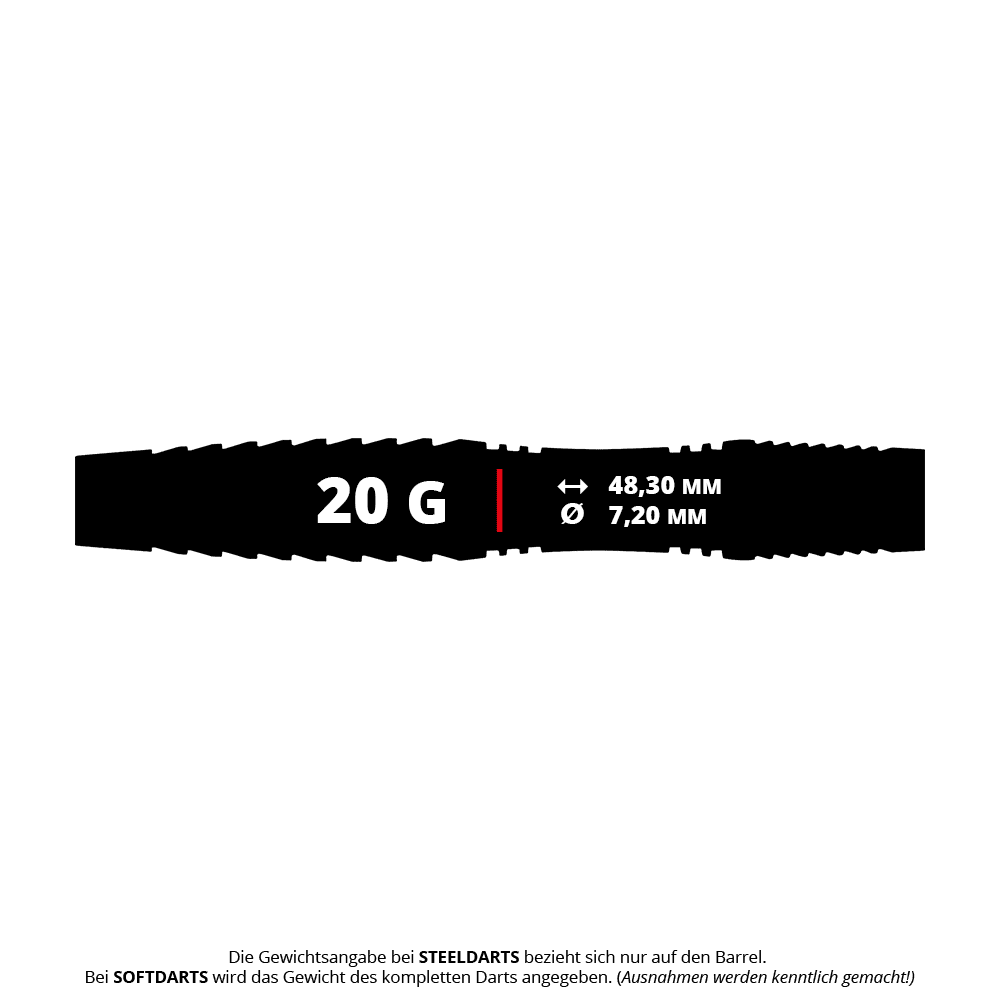 Šipky Red Dragon Seren 3 Pure Softdarts - 20g Das Bild zeigt den Red Dragon Seren 3 Pure Softdart mit einem Gewicht von 20 Gramm. Die Länge beträgt 48,30 mm und der Durchmesser 7,20 mm.