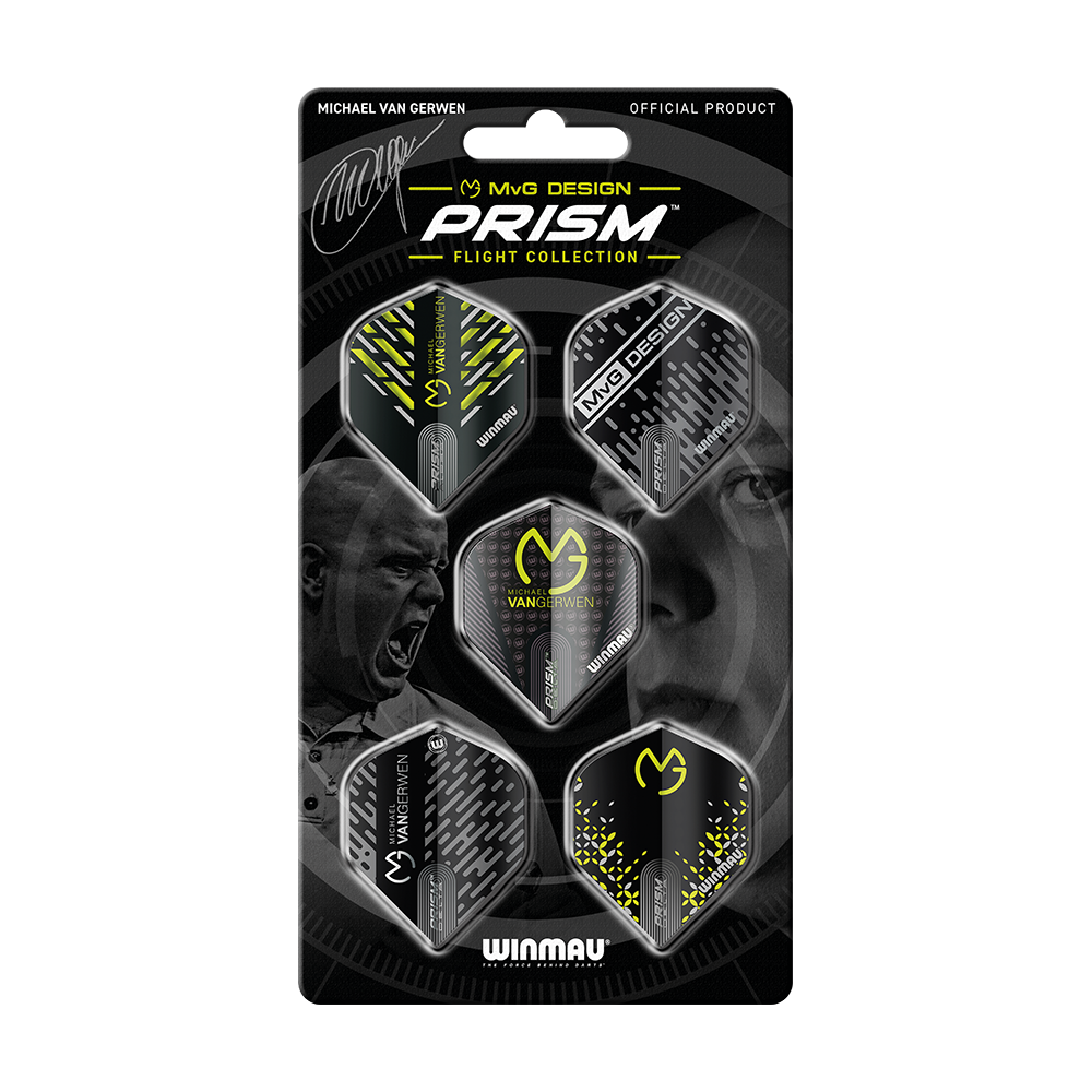 8124_Winmau_MvG_Prism_Flight_Pack_V2_1 Das Bild zeigt das Produkt „Winmau MvG Prism Flight Pack 2“, das fünf verschiedene Dart-Flights enthält. Die Verpackung ist überwiegend schwarz und zeigt das Logo sowie das Gesicht eines Dartspielers.
