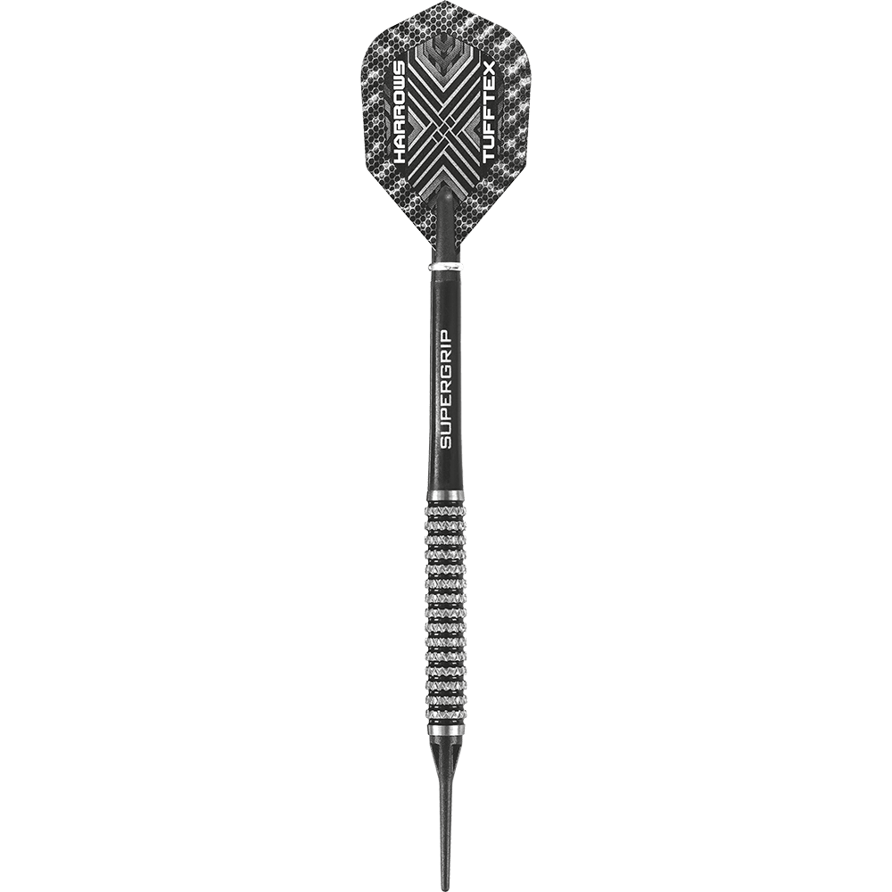 HA06816-Harrows-Nemesis-85-Softdarts-1jNGSHKvs1n2YG Auf dem Bild ist ein schwarzer Softdart mit einer strukturierten Griffoberfläche zu sehen. Auf dem Flight stehen die Wörter "Harrows" und "Tufftex".