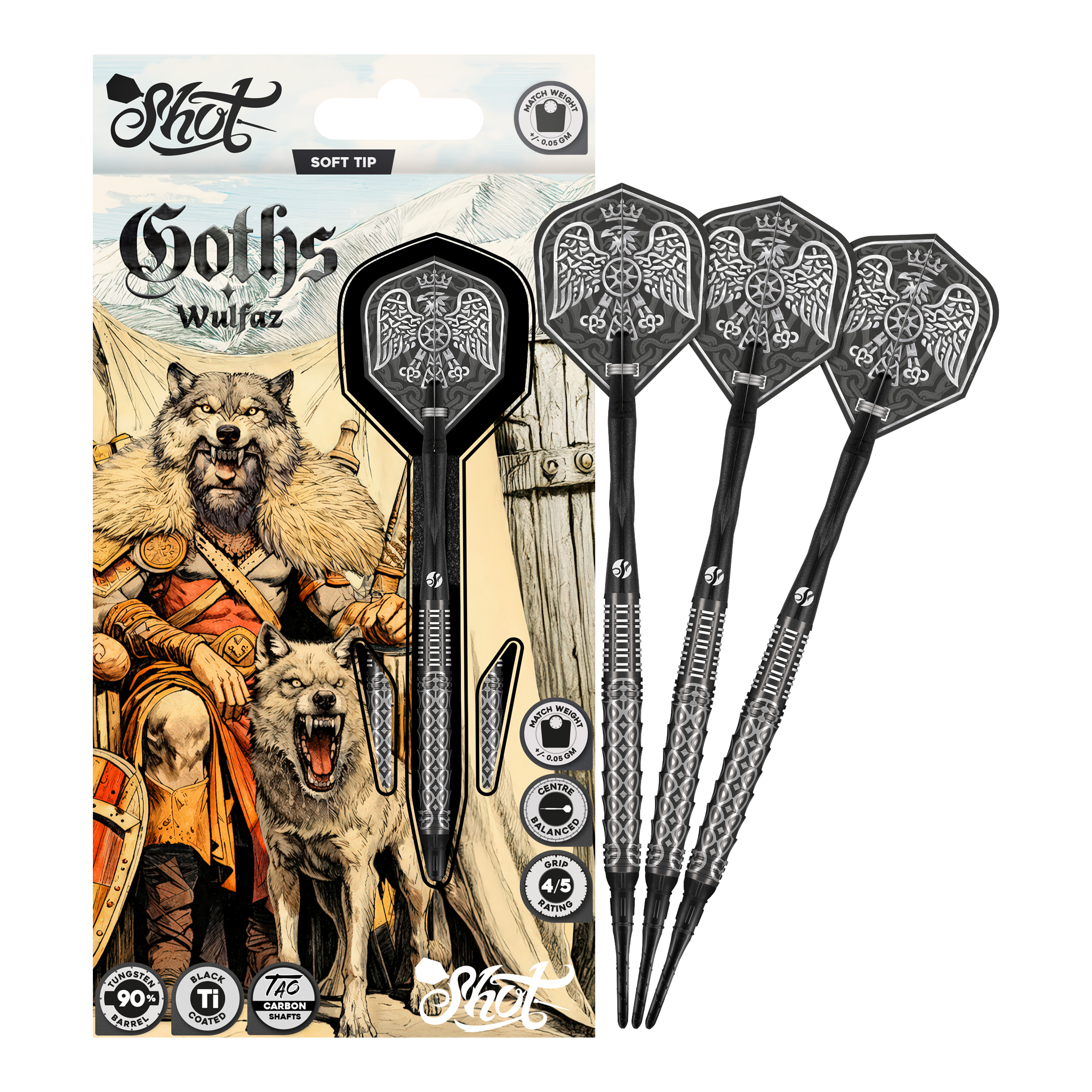 Dardos blandos Shot Goths Wulfaz - 20 g Abgebildet sind die Shot Goths Wulfaz Softdarts - 20g in einer Gesamtansicht. Sie sind perfekt für Softdartspieler geeignet.