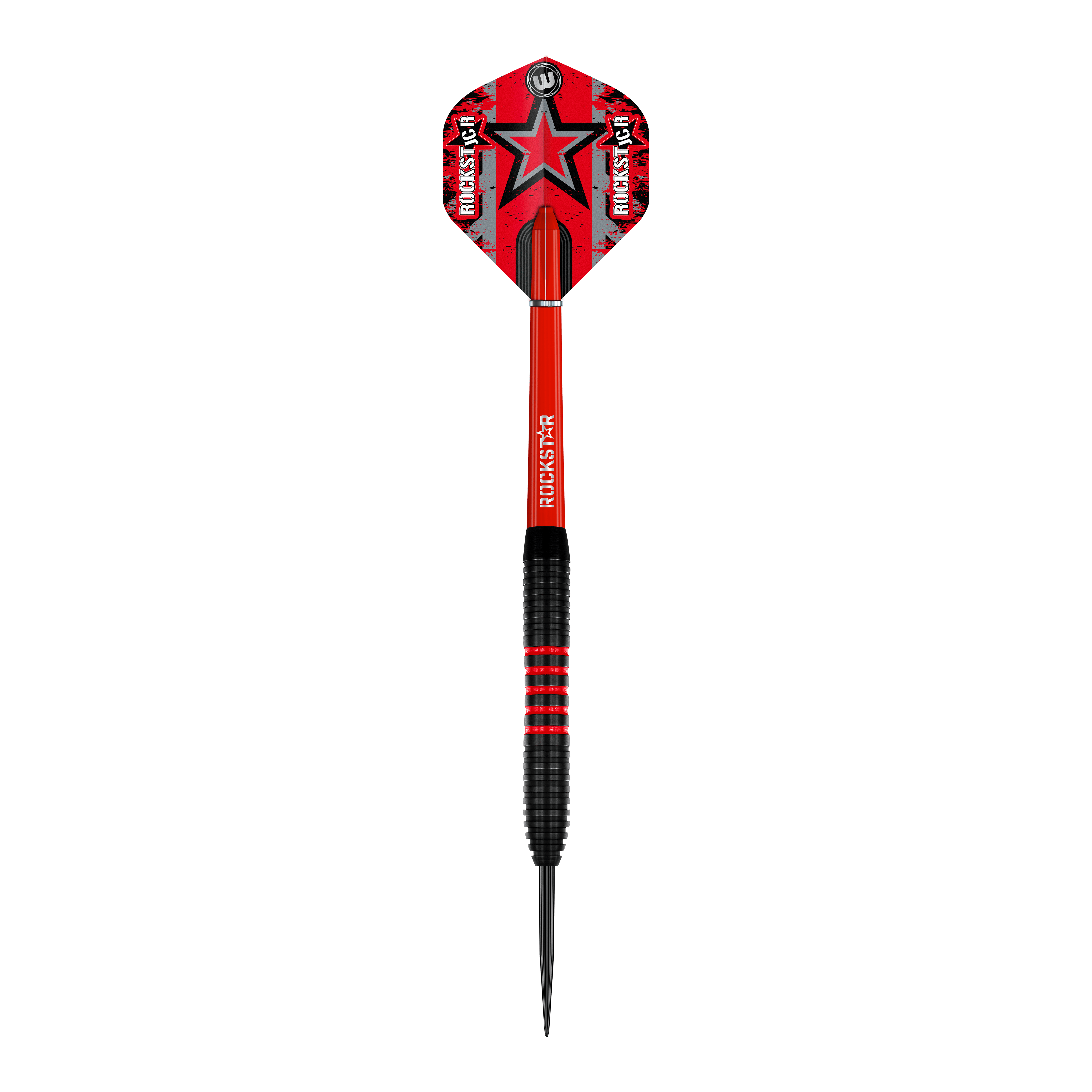 Šipky Winmau Joe Cullen Brass Steeldarts - 20g Das Bild zeigt einen Winmau Joe Cullen Brass Steeldart mit einem Gewicht von 20g. Der Dart ist überwiegend rot und schwarz gestaltet und trägt die Aufschrift "Rockstar" auf dem Schaft und dem Flight.
